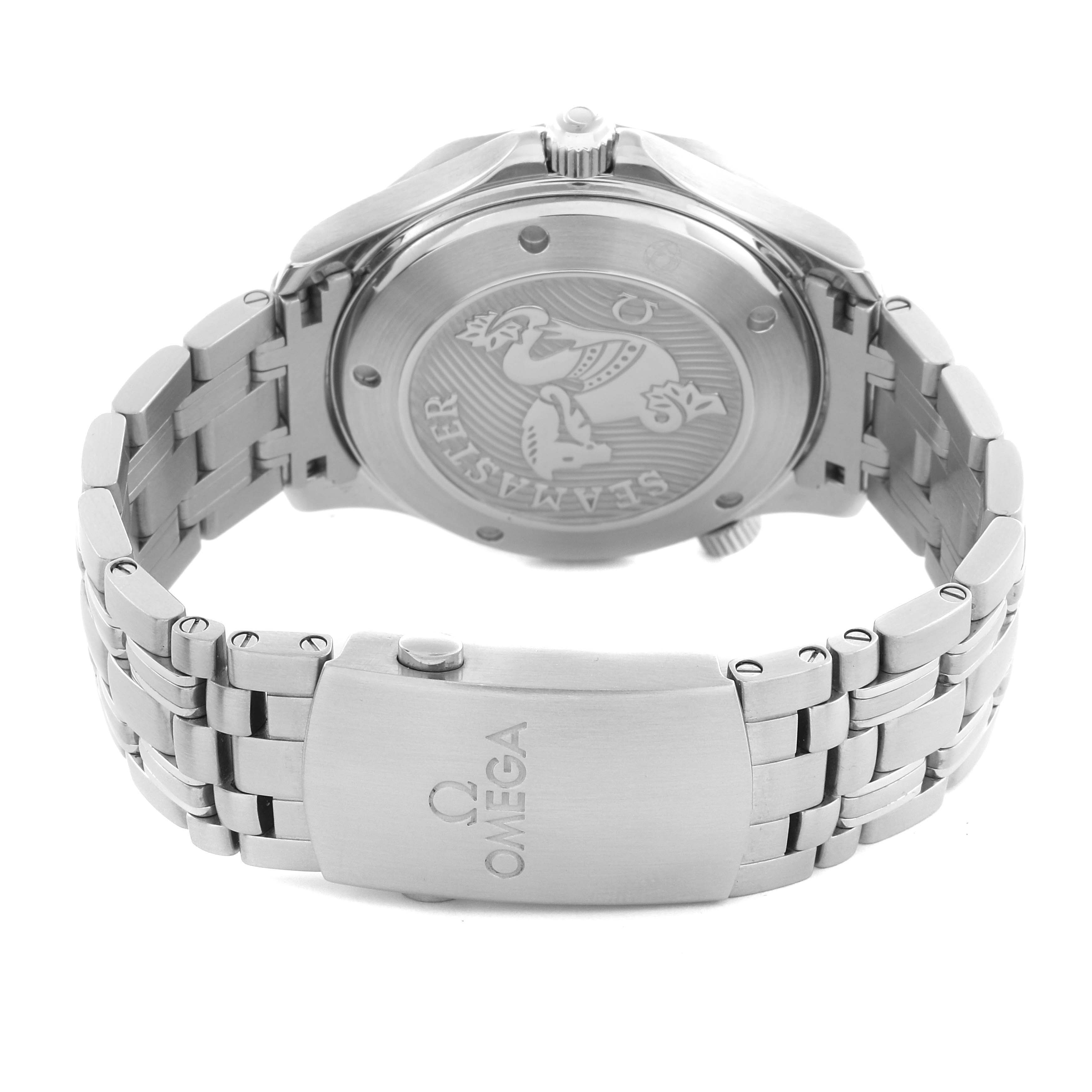 The image shows the back of the Omega Seamaster 212.30.41.20.03.001 Men
s Stainless Steel Blue Dial 212.30.41.20.03.001 Men
s Stainless Steel Blue Dial watch, highlighting the engraved case back and stainless steel bracelet with the clasp.