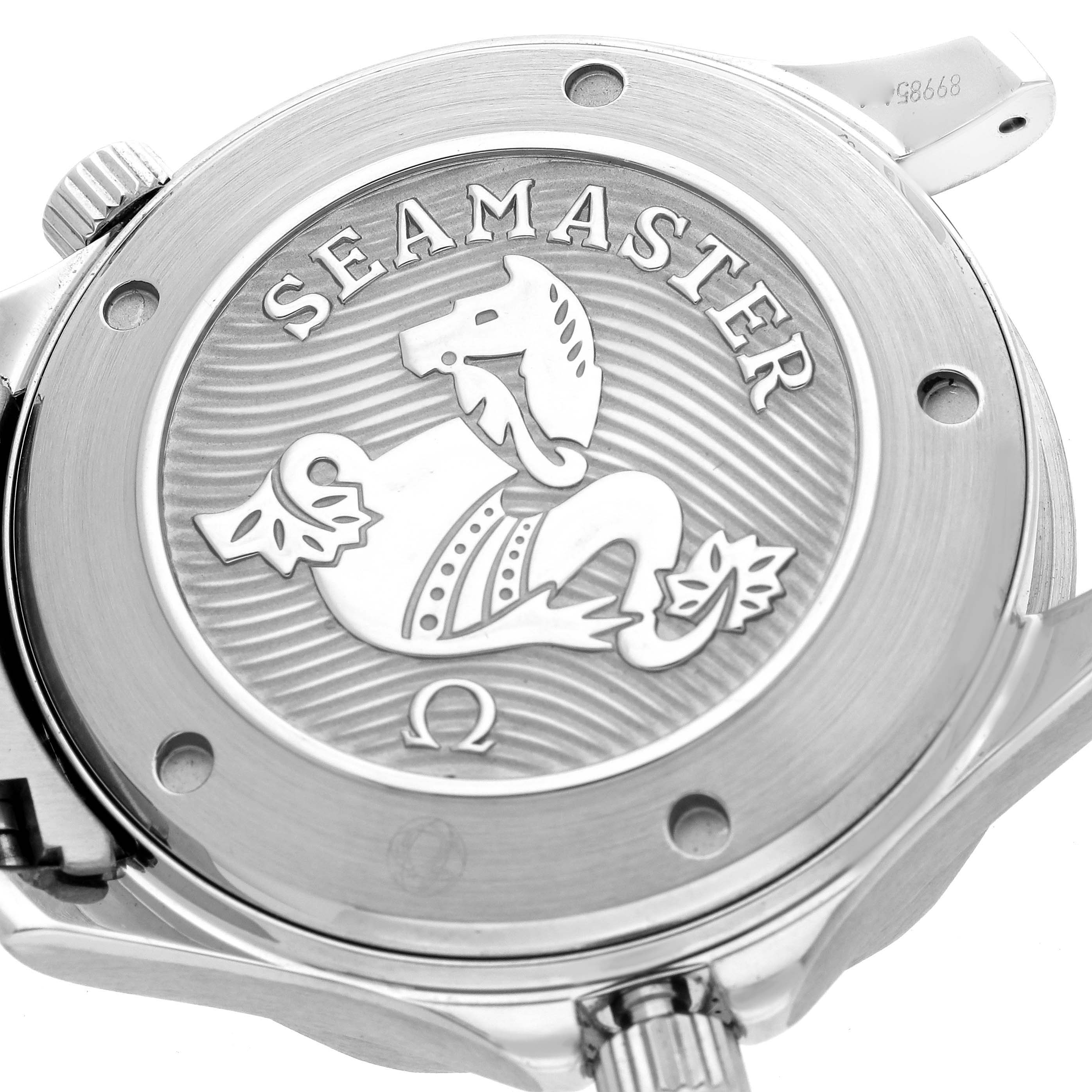 The image shows the case back of an Omega Seamaster 212.30.41.20.03.001 Men
s Stainless Steel Blue Dial 212.30.41.20.03.001 Men
s Stainless Steel Blue Dial, highlighting the embossed emblem and branding.