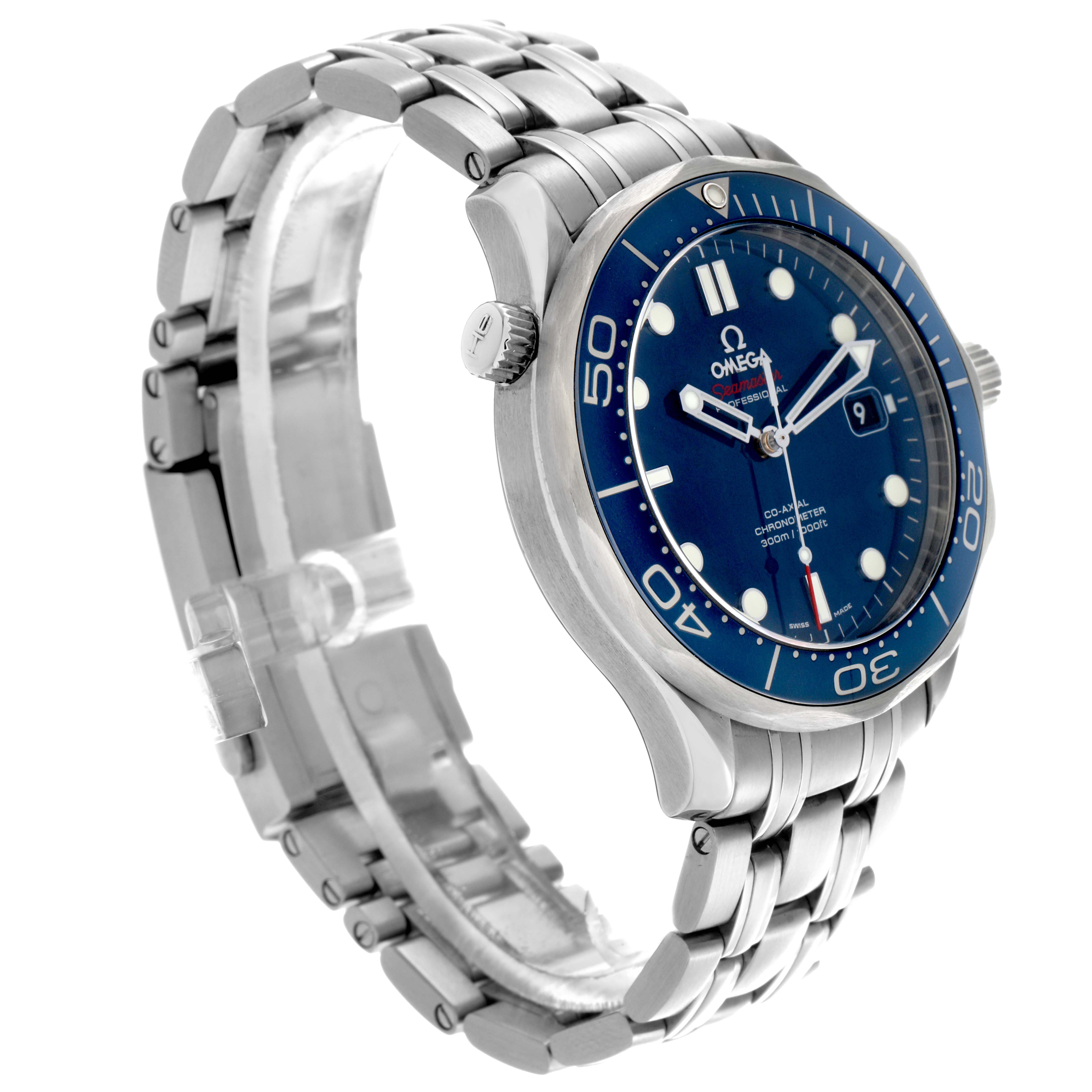 The Omega Seamaster 212.30.41.20.03.001 Men
s Stainless Steel Blue Dial 212.30.41.20.03.001 Men
s Stainless Steel Blue Dial watch is shown at a three-quarter angle, highlighting the dial, bezel, crown, and bracelet.