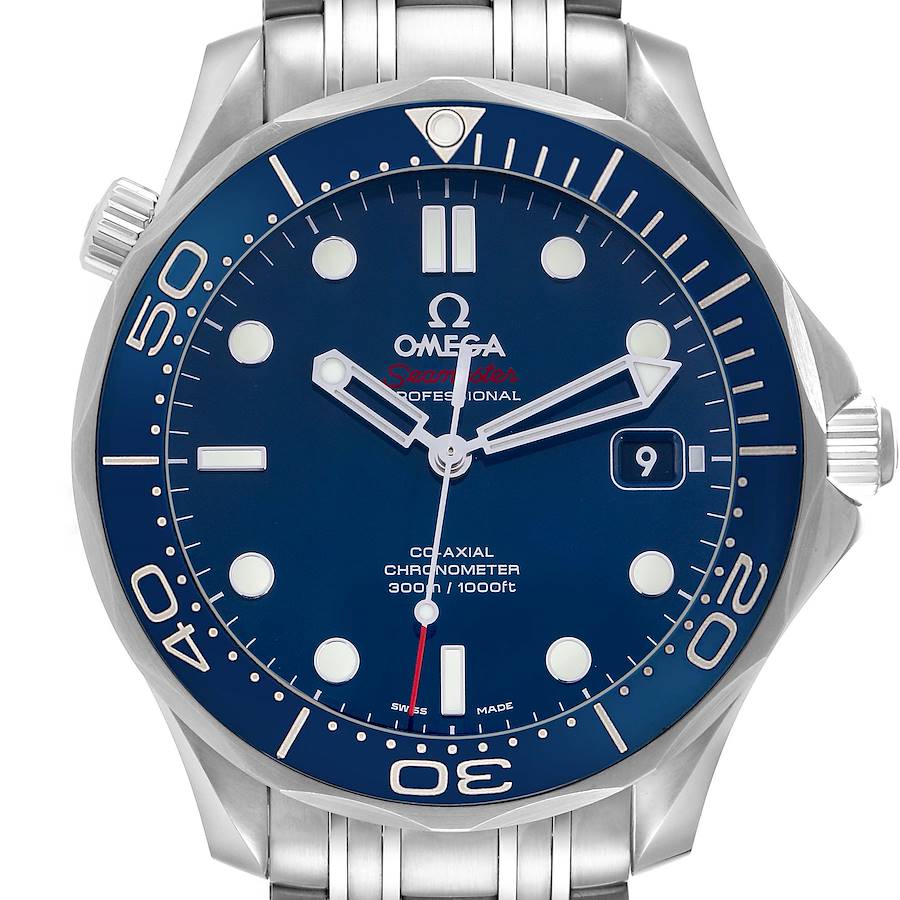 The Omega Seamaster watch is shown from the front, highlighting the dial, bezel, case, and bracelet.