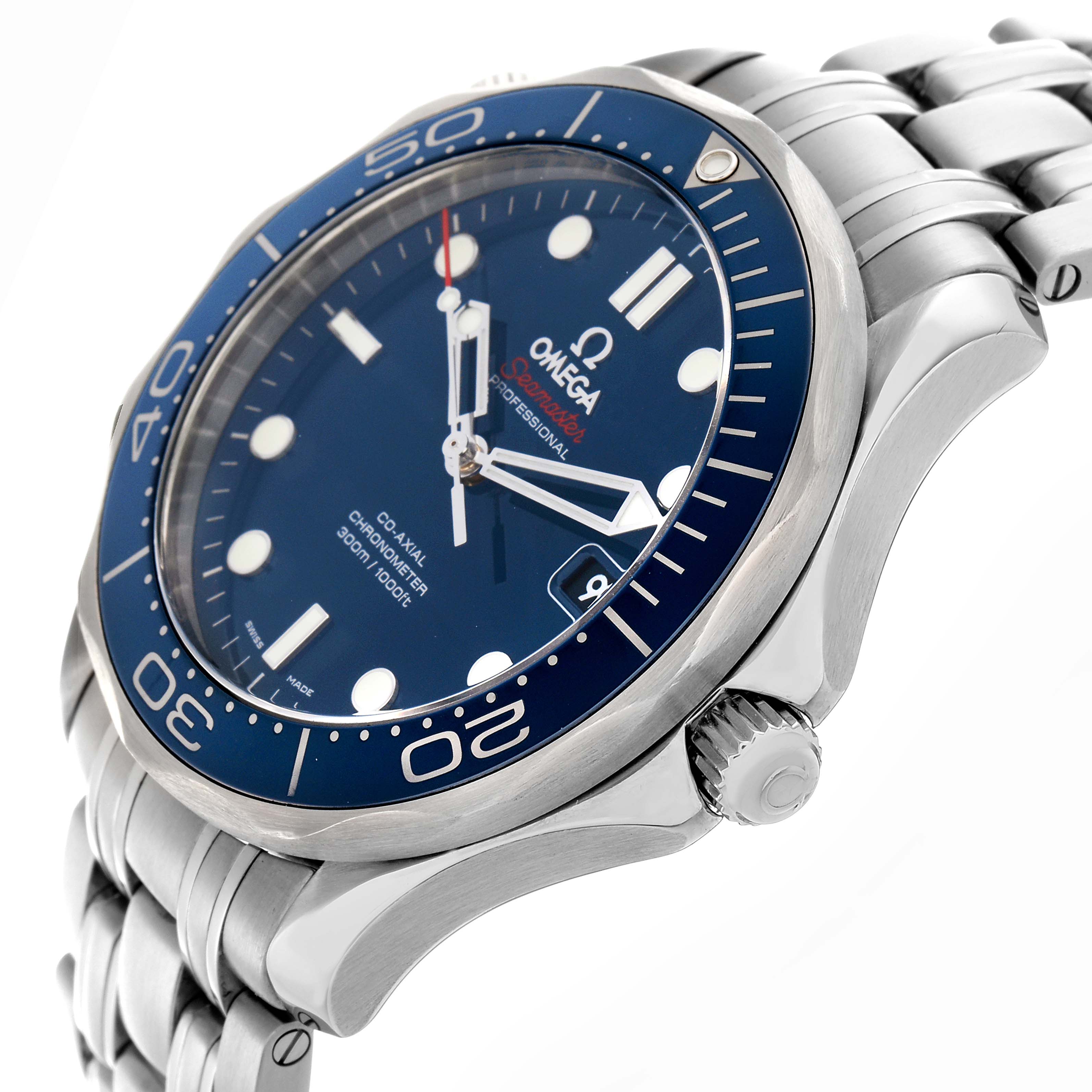 The Omega Seamaster 212.30.41.20.03.001 Men
s Stainless Steel Blue Dial 212.30.41.20.03.001 Men
s Stainless Steel Blue Dial watch is shown at an angle highlighting the face, bezel, crown, and metal bracelet.