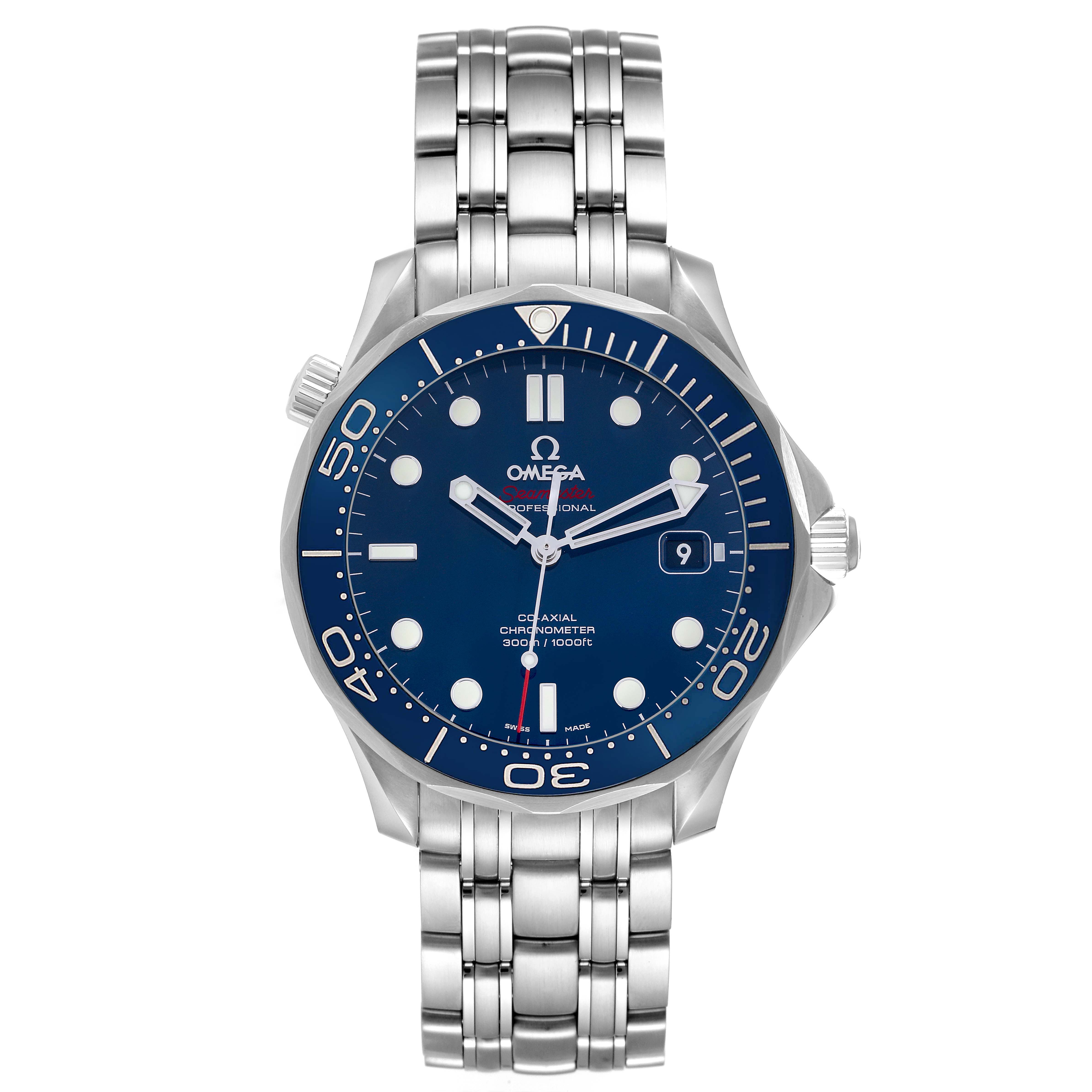 The image shows an Omega Seamaster 212.30.41.20.03.001 Men
s Stainless Steel Blue Dial 212.30.41.20.03.001 Men
s Stainless Steel Blue Dial watch from a top-down angle, highlighting the dial, bezel, and bracelet.