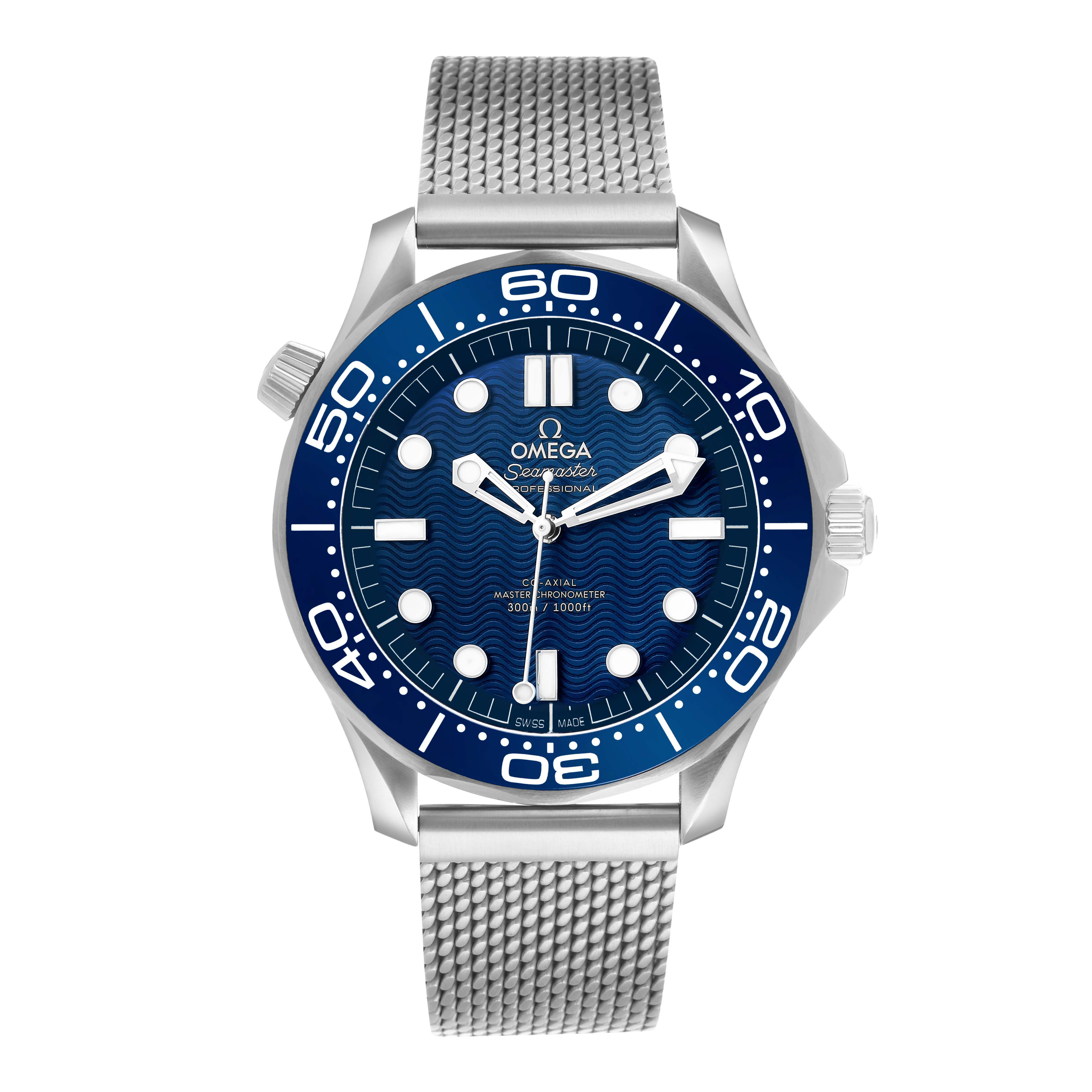 The Omega Seamaster 210.30.42.20.03.002 Men's Stainless Steel Blue Dial is shown from a front angle, displaying its blue dial, bezel, stainless steel case, and mesh bracelet.