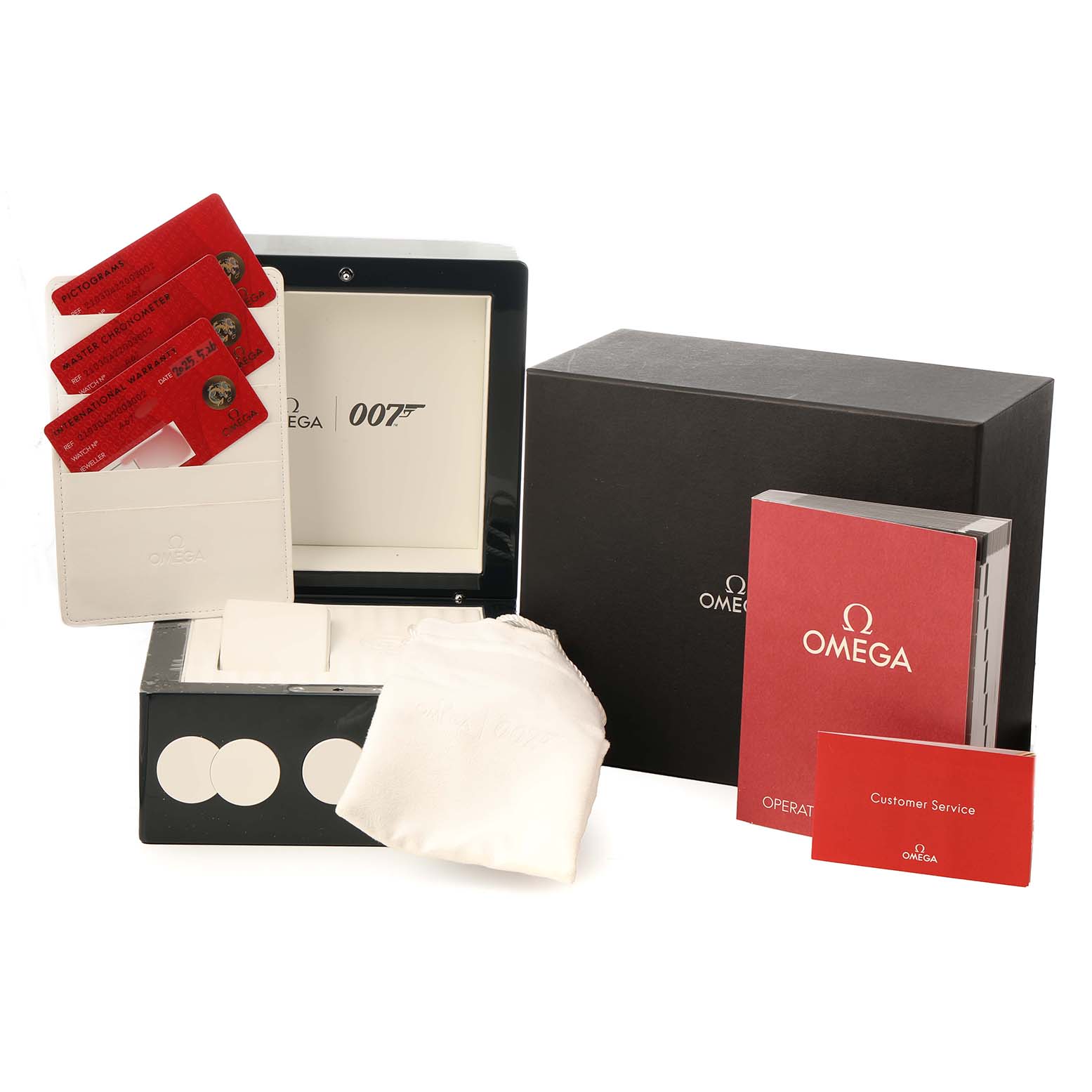 The image shows the Omega Seamaster 210.30.42.20.03.002 Men's Stainless Steel Blue Dial model's packaging, including a box, cards, manuals, and a cloth, from a front angle.