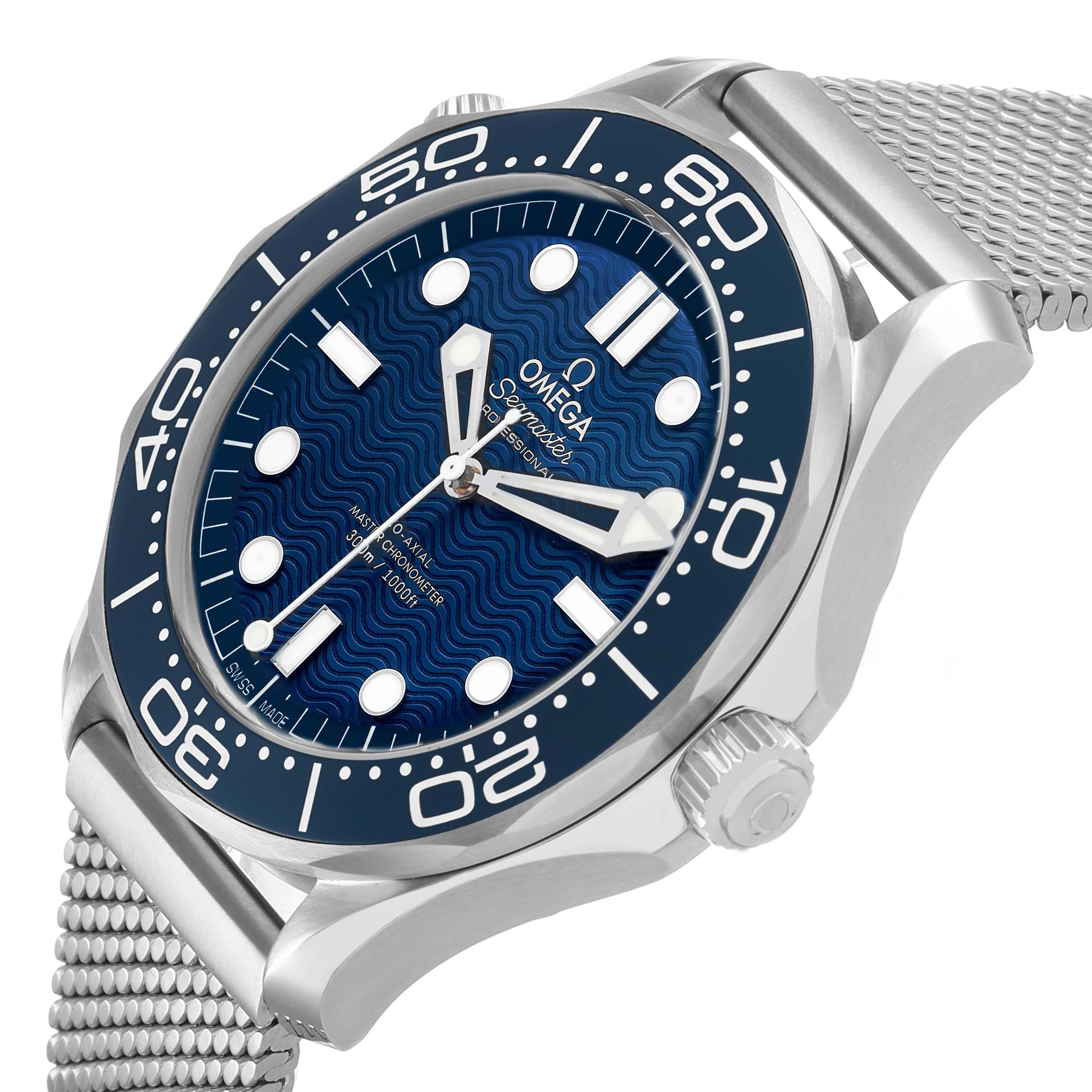 The Omega Seamaster 210.30.42.20.03.002 Men's Stainless Steel Blue Dial watch is shown at a slight side angle, showcasing the dial, bezel, and crown.