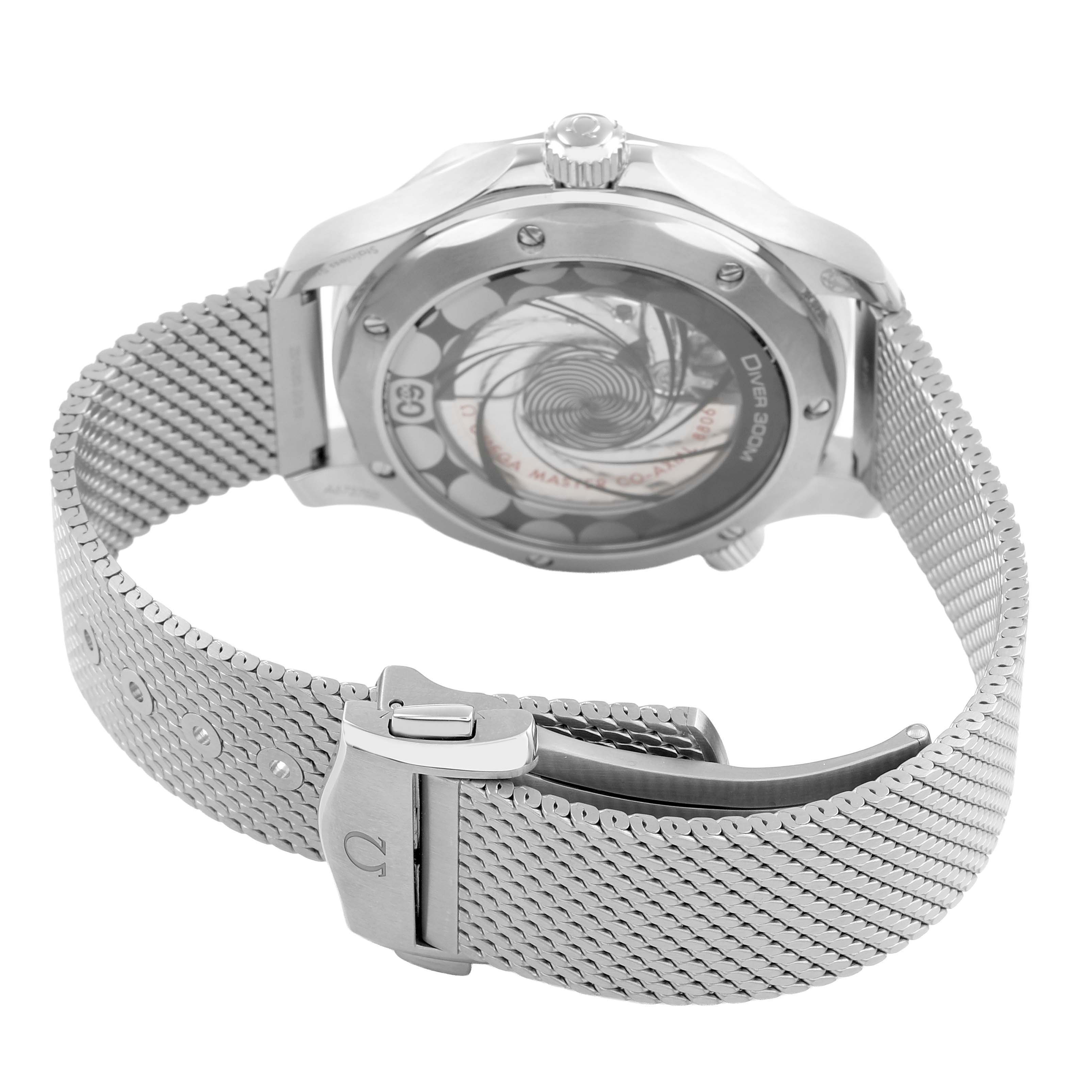 The Omega Seamaster 210.30.42.20.03.002 Men's Stainless Steel Blue Dial watch is shown from the back, highlighting the case back and a mesh bracelet.