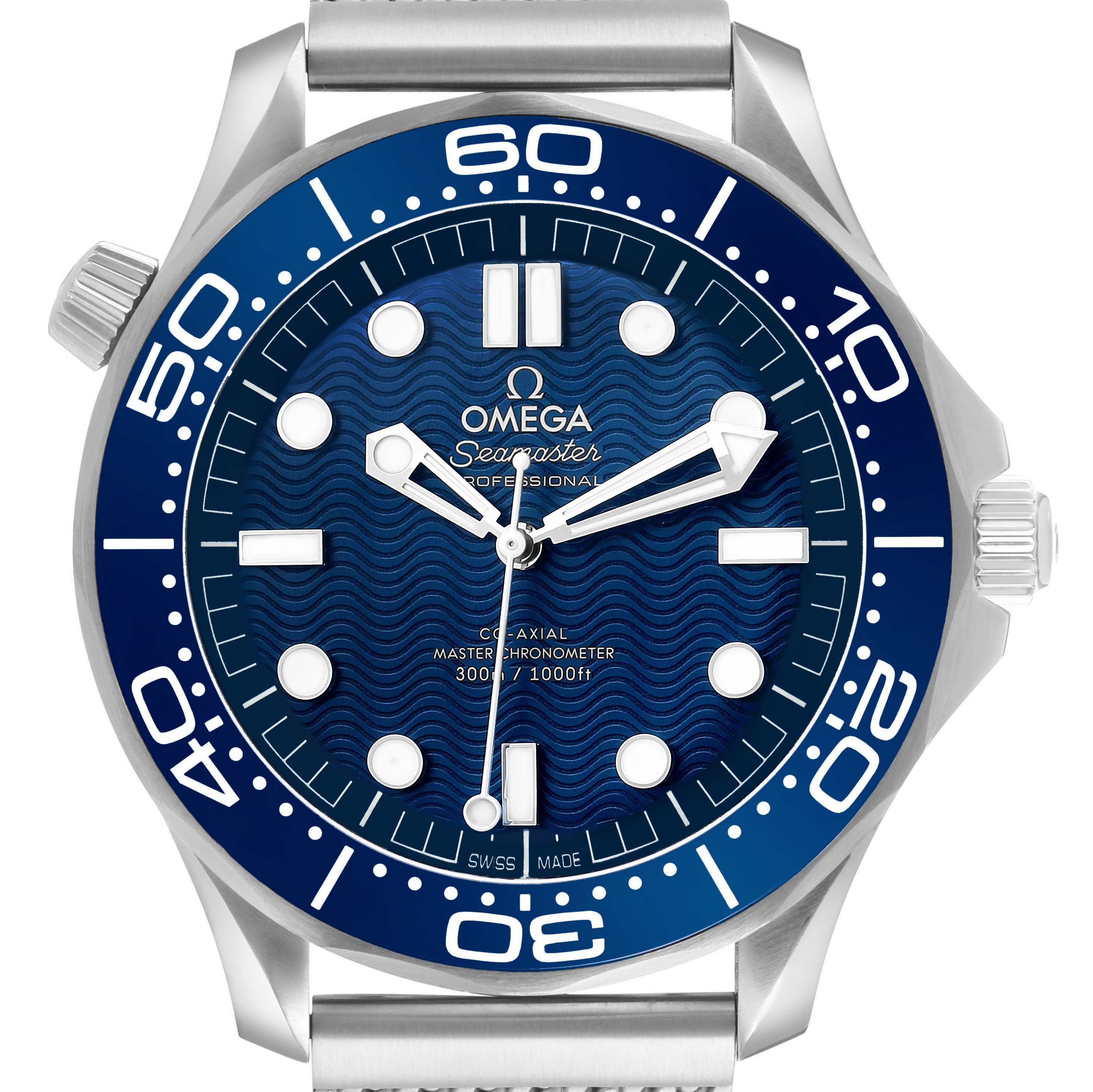 The Omega Seamaster 210.30.42.20.03.002 Men's Stainless Steel Blue Dial watch is shown from the front, displaying the blue dial, bezel, and case with visible crown.