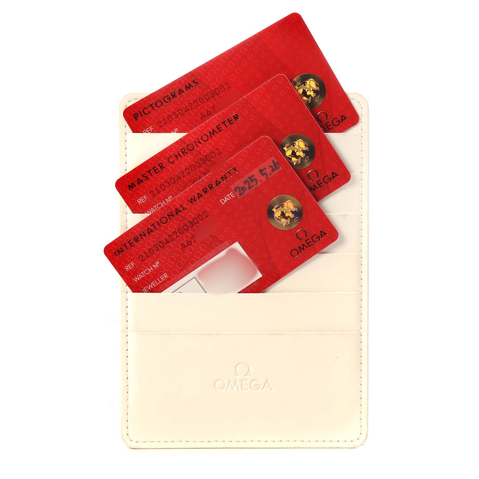The image shows warranty and certification cards for an Omega Seamaster 210.30.42.20.03.002 Men's Stainless Steel Blue Dial, viewed from above, partially inserted in a card holder.
