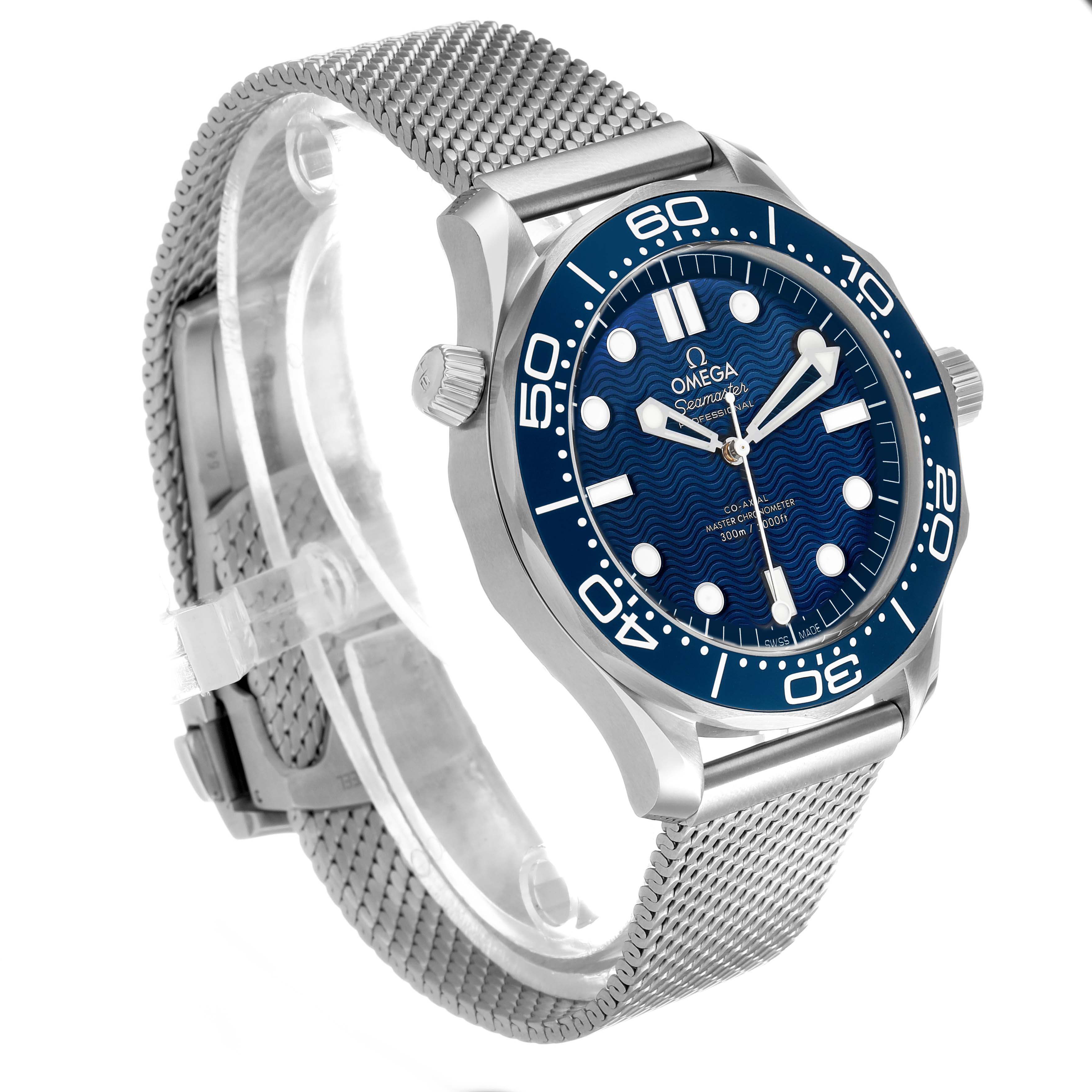 The Omega Seamaster 210.30.42.20.03.002 Men's Stainless Steel Blue Dial watch is shown at a three-quarter angle, highlighting the mesh bracelet, blue dial, and bezel.
