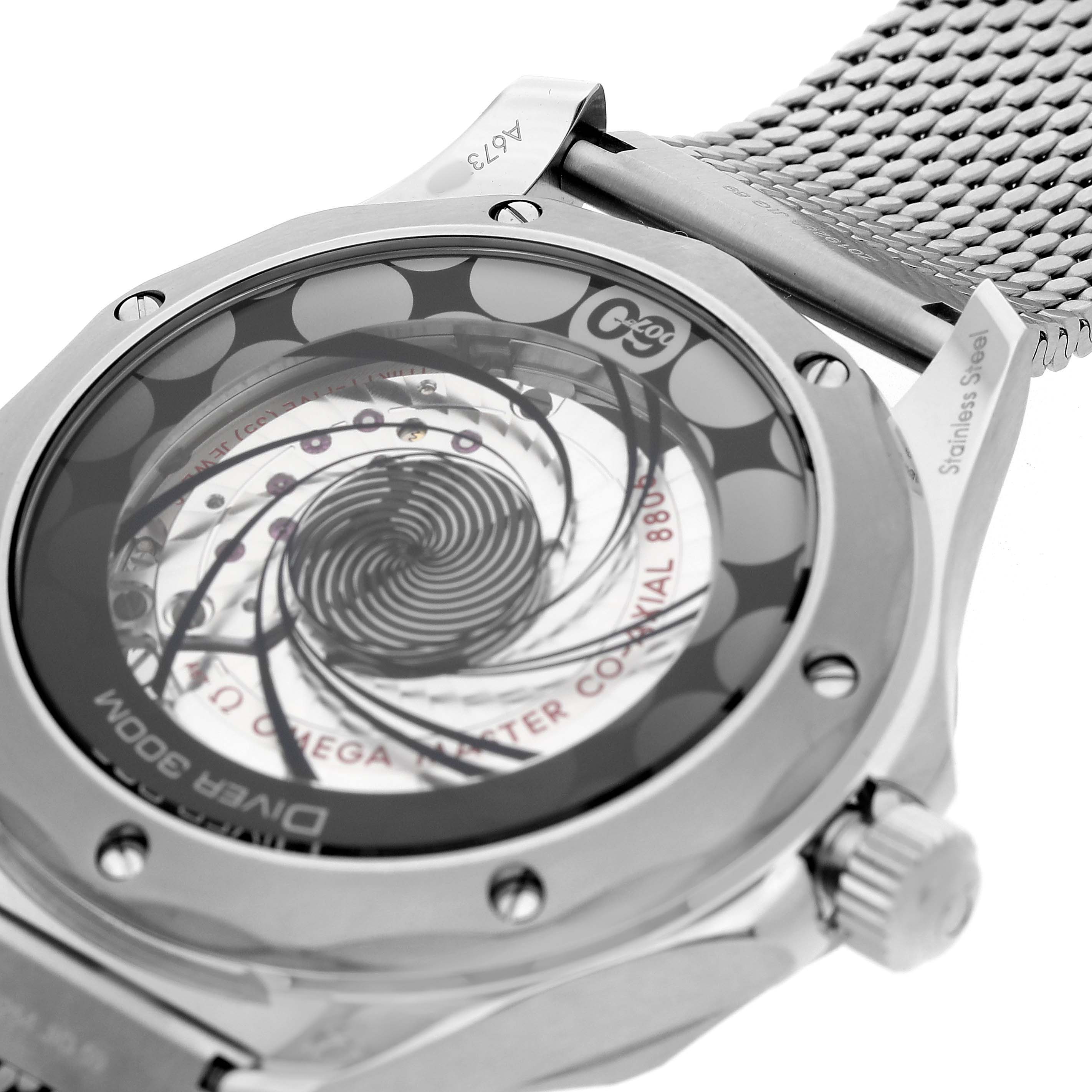 The image shows the case back of the Omega Seamaster 210.30.42.20.03.002 Men's Stainless Steel Blue Dial, displaying its intricate movement and stainless steel bracelet at an angle.