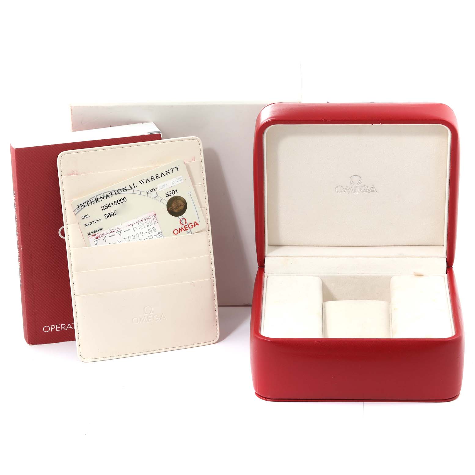 The image shows an Omega Seamaster 2541.80.00 Men's Stainless Steel Blue Dial 2541.80.00 Men's Stainless Steel Blue Dial presentation box, an international warranty card, and an operation manual from a front angle.