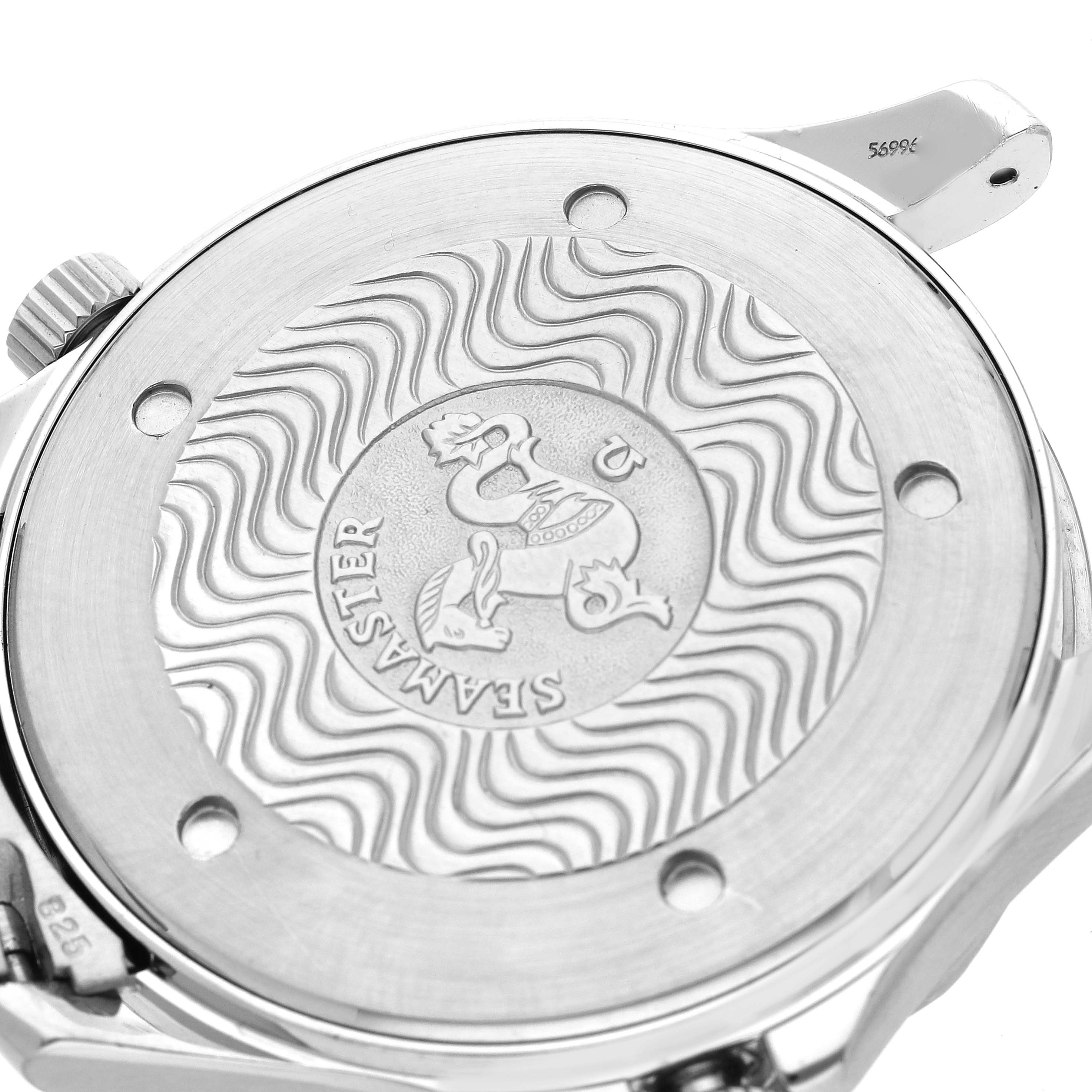 This is the back view of an Omega Seamaster 2541.80.00 Men's Stainless Steel Blue Dial 2541.80.00 Men's Stainless Steel Blue Dial watch, showcasing its engraved case back design and crown.