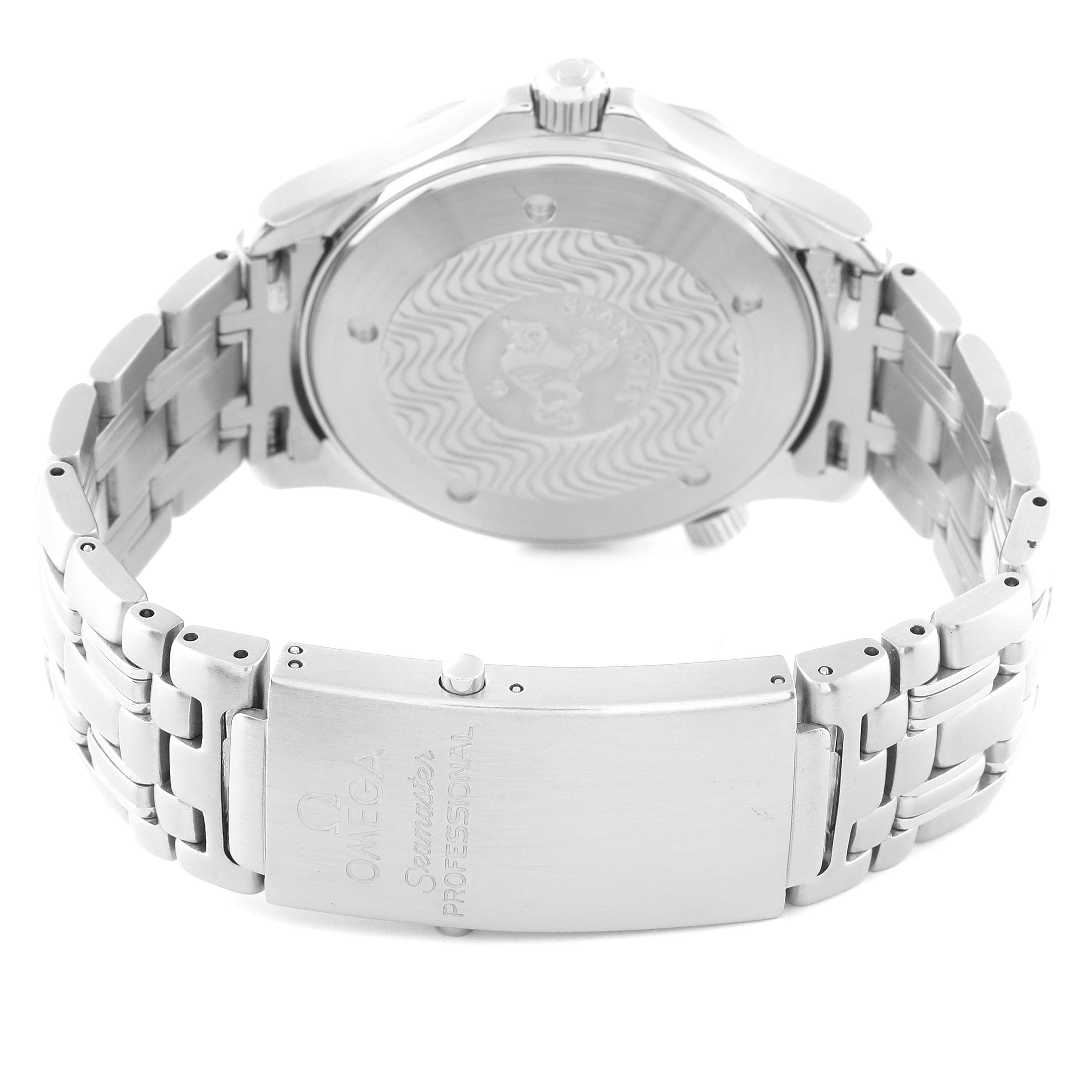 The image shows the back case and clasp of an Omega Seamaster 2541.80.00 Men's Stainless Steel Blue Dial 2541.80.00 Men's Stainless Steel Blue Dial watch at a rear angle.