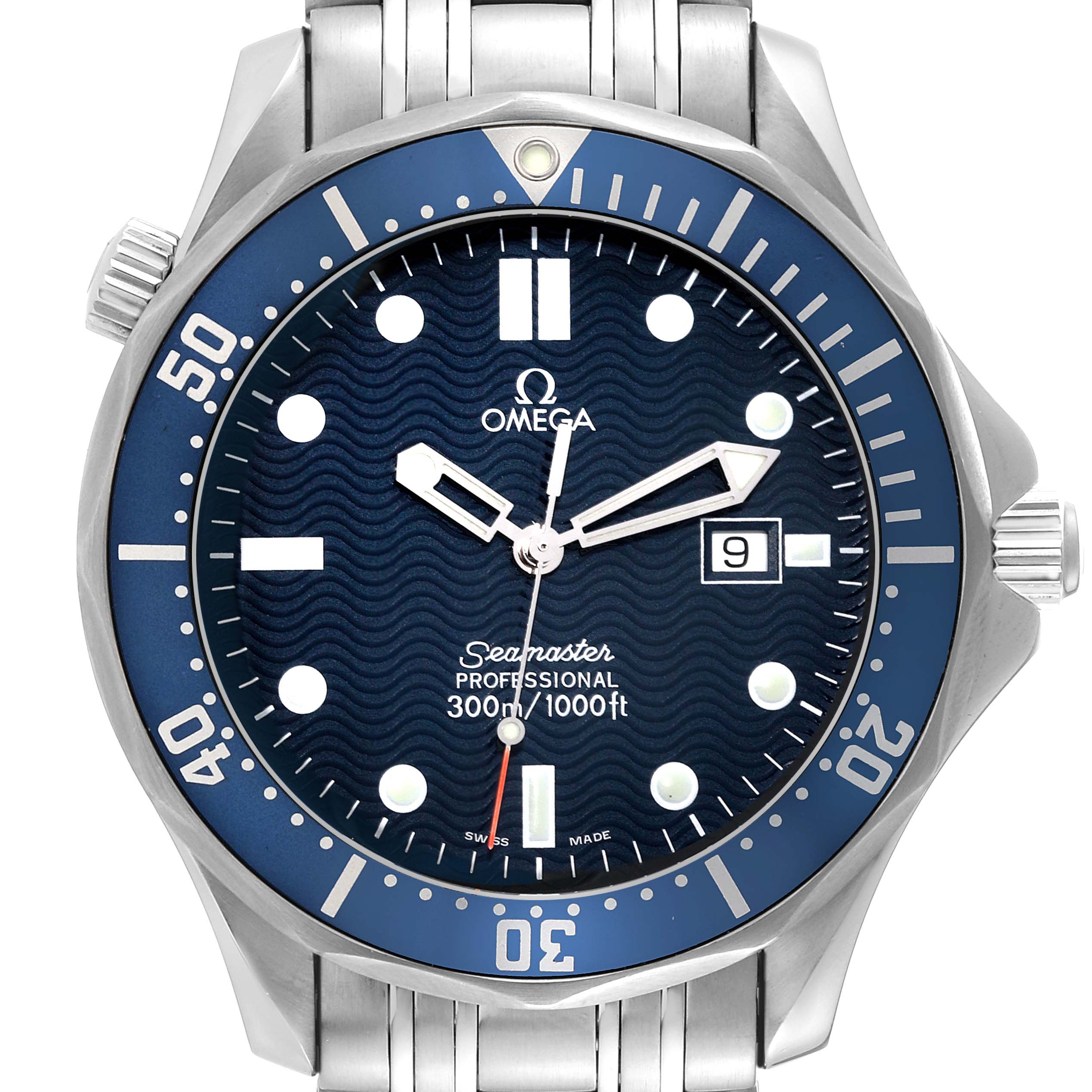 The image shows a front view of the Omega Seamaster 2541.80.00 Men's Stainless Steel Blue Dial 2541.80.00 Men's Stainless Steel Blue Dial watch, highlighting the dial, bezel, crown, and part of the bracelet.