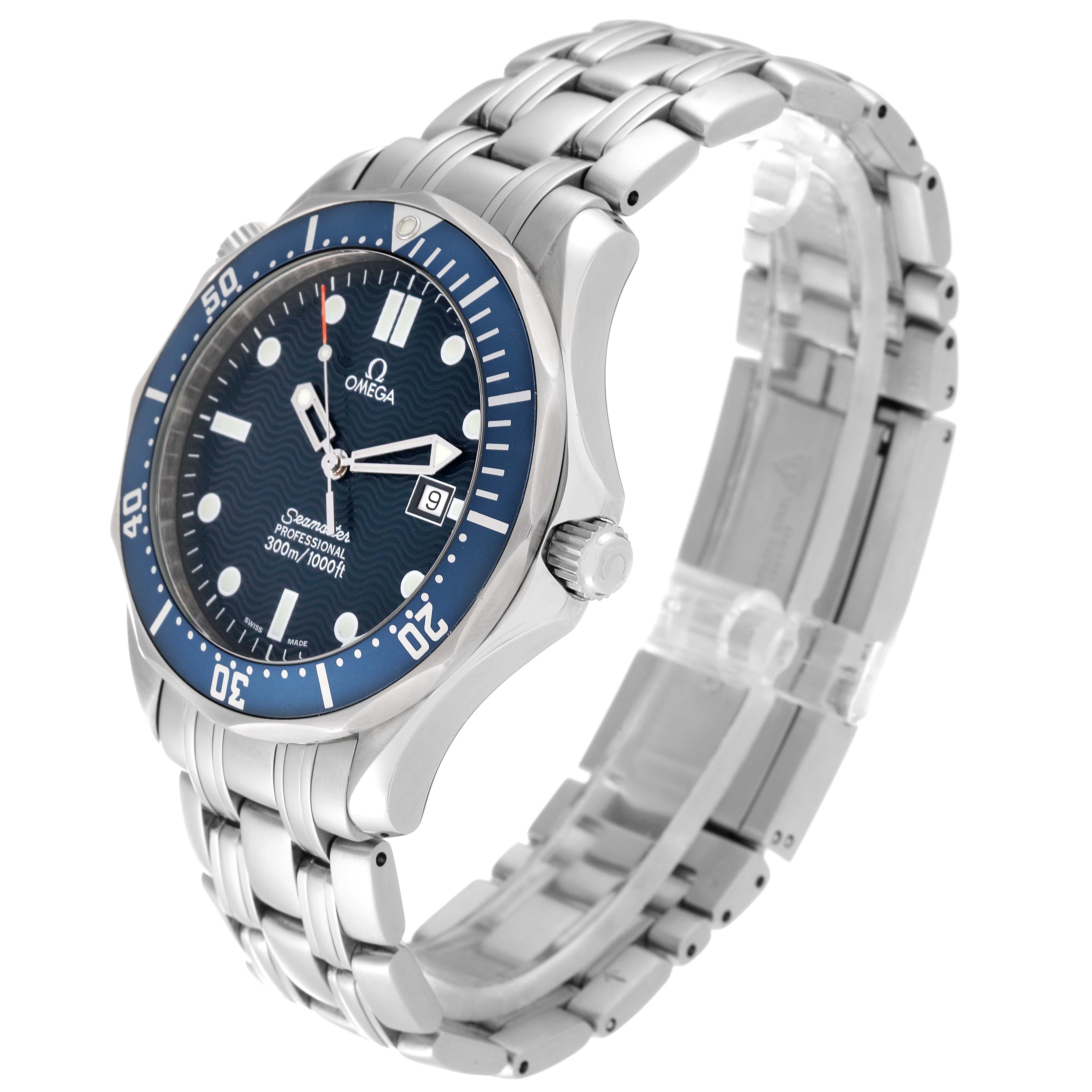 The Omega Seamaster 2541.80.00 Men's Stainless Steel Blue Dial 2541.80.00 Men's Stainless Steel Blue Dial watch is shown at an angle displaying the face, bezel, bracelet, and crown.