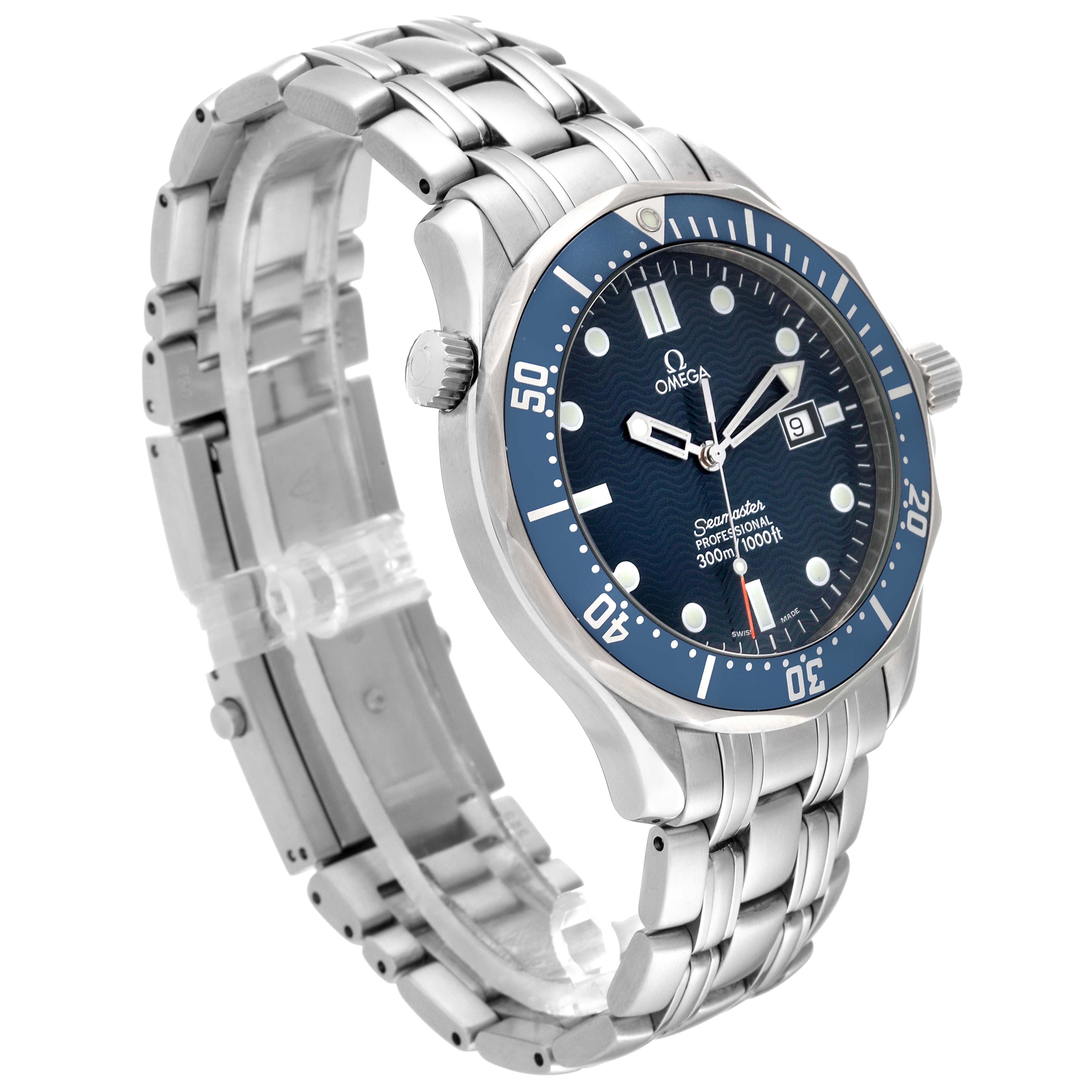 The Omega Seamaster 2541.80.00 Men's Stainless Steel Blue Dial 2541.80.00 Men's Stainless Steel Blue Dial watch is shown at an angled view, featuring its blue dial, bezel, and stainless steel bracelet.