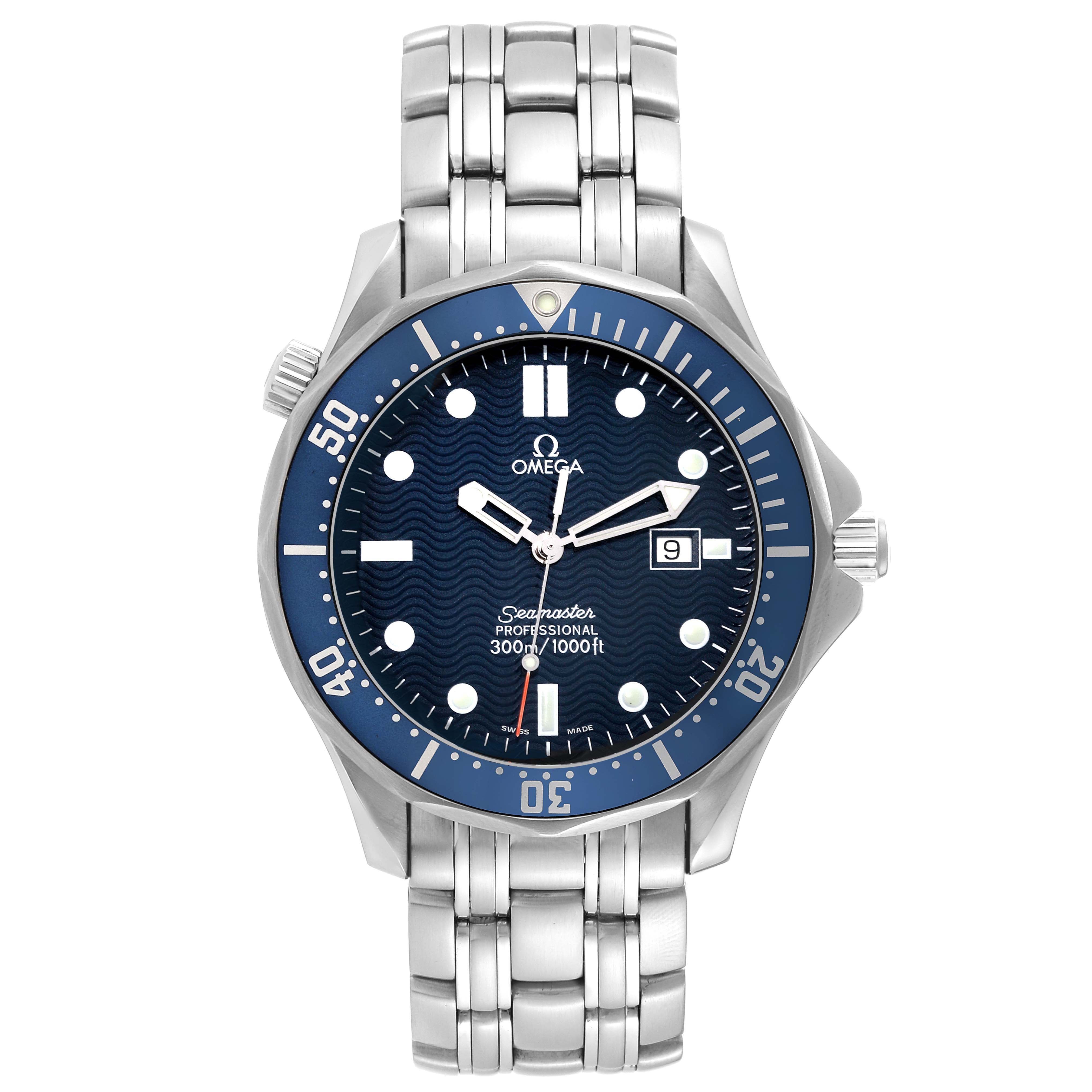 This is a front view of an Omega Seamaster 2541.80.00 Men's Stainless Steel Blue Dial 2541.80.00 Men's Stainless Steel Blue Dial watch showing the dial, bezel, bracelet, and crown.