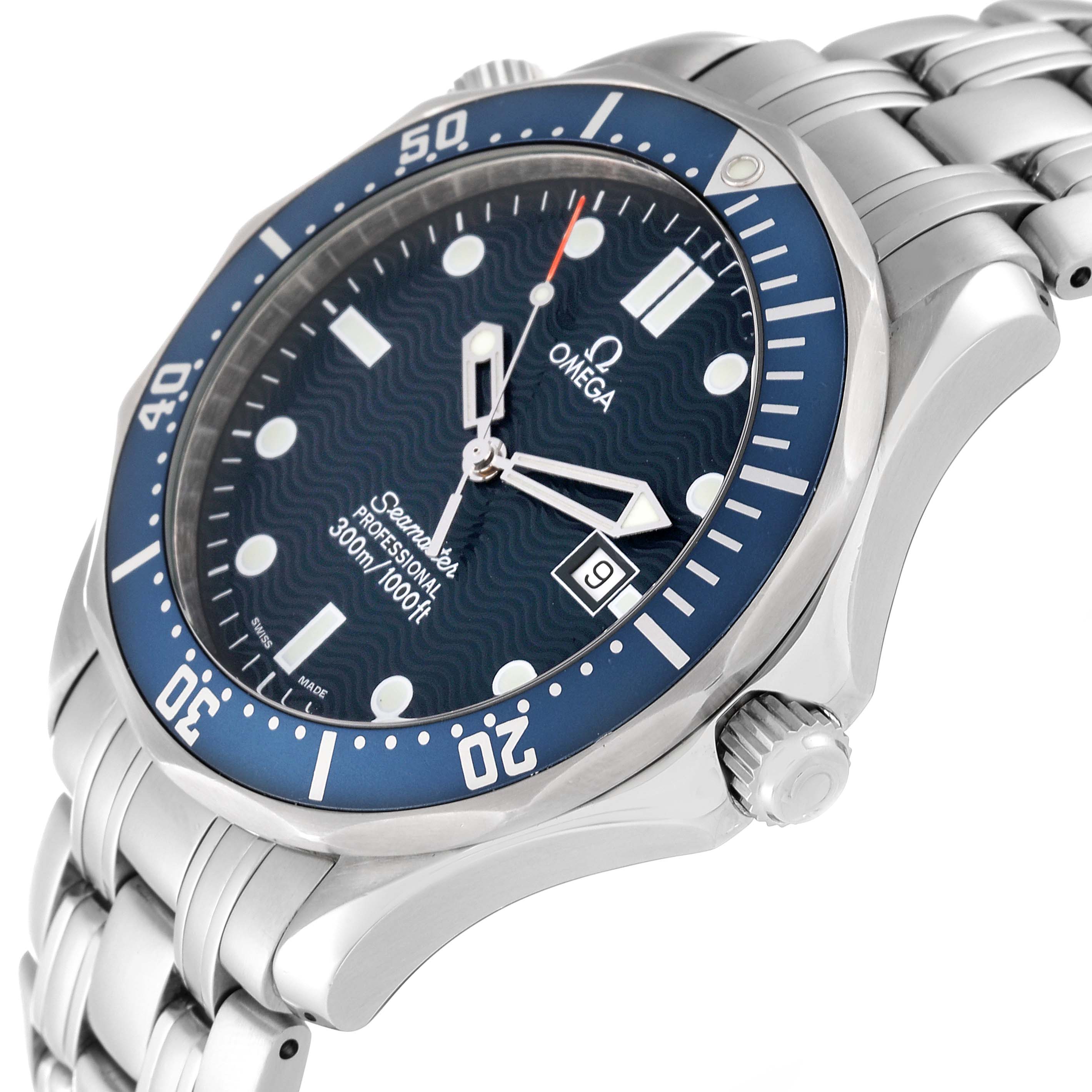 The image shows a close-up angled view of the Omega Seamaster 2541.80.00 Men's Stainless Steel Blue Dial 2541.80.00 Men's Stainless Steel Blue Dial watch, highlighting the bezel, dial, and stainless steel bracelet.