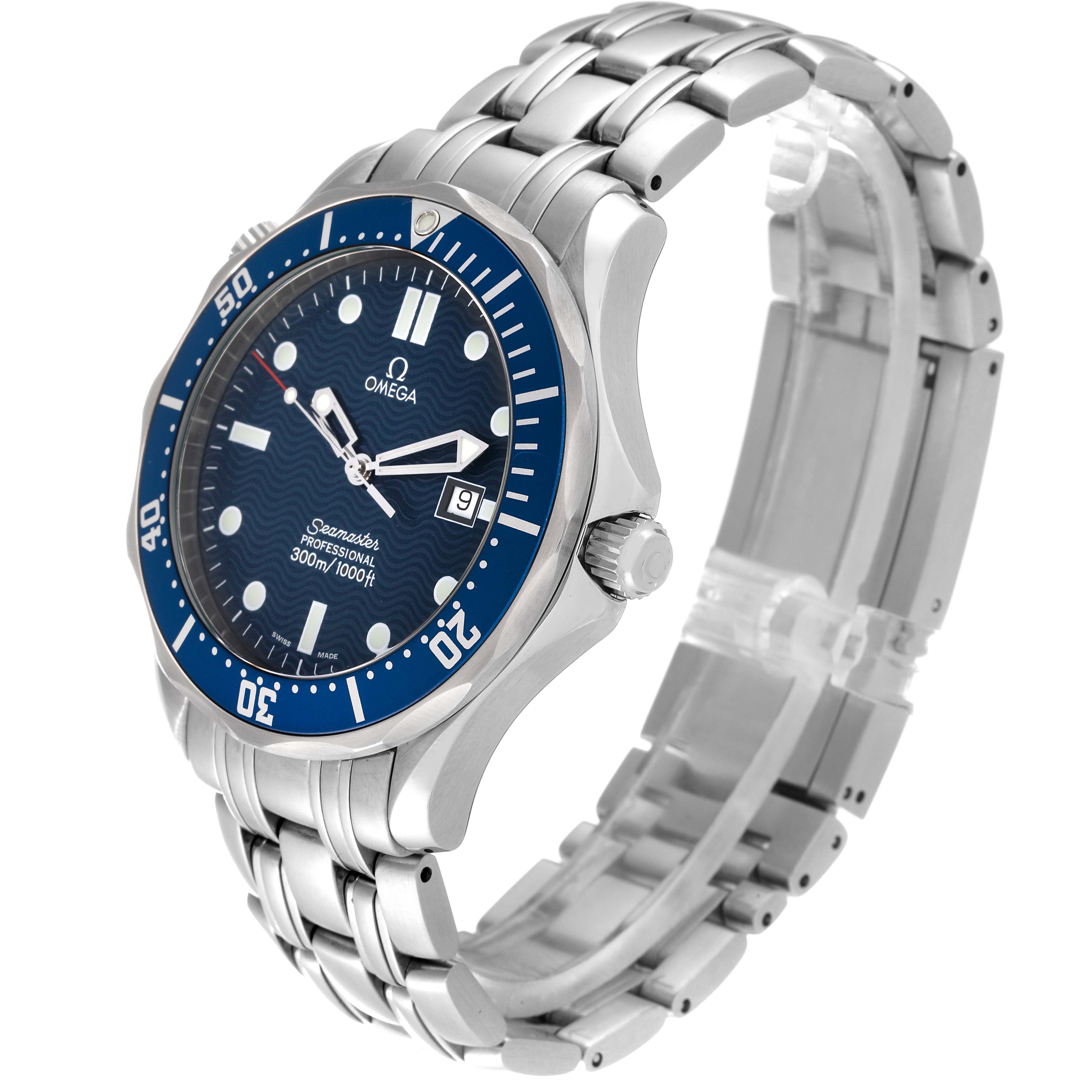 The image shows a three-quarter view of an Omega Seamaster 2541.80.00 Men's Stainless Steel Blue Dial 2541.80.00 Men's Stainless Steel Blue Dial watch, highlighting its face, bezel, crown, and bracelet.