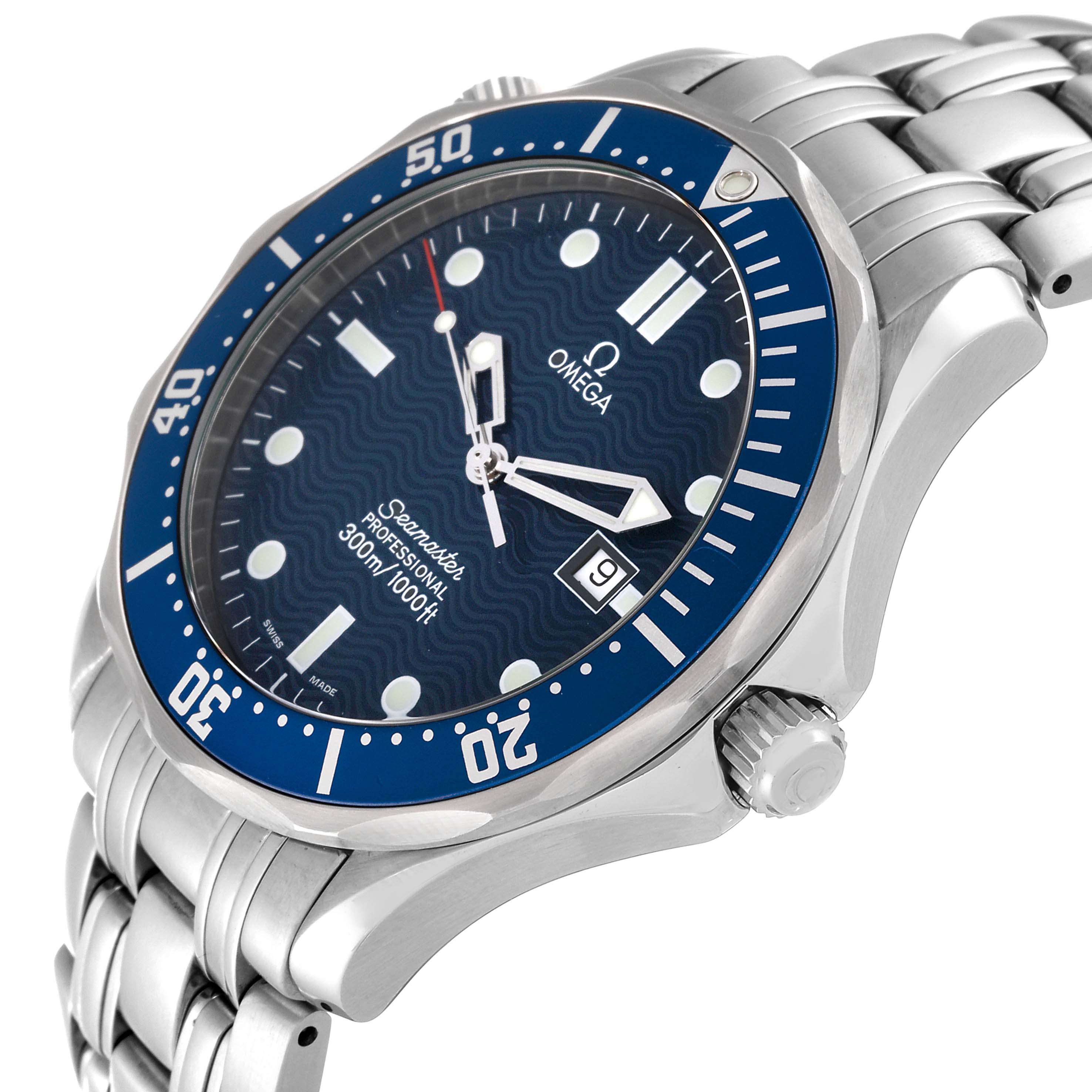 The Omega Seamaster 2541.80.00 Men's Stainless Steel Blue Dial 2541.80.00 Men's Stainless Steel Blue Dial watch is shown at a three-quarter angle, highlighting its blue dial, bezel, and stainless steel bracelet.