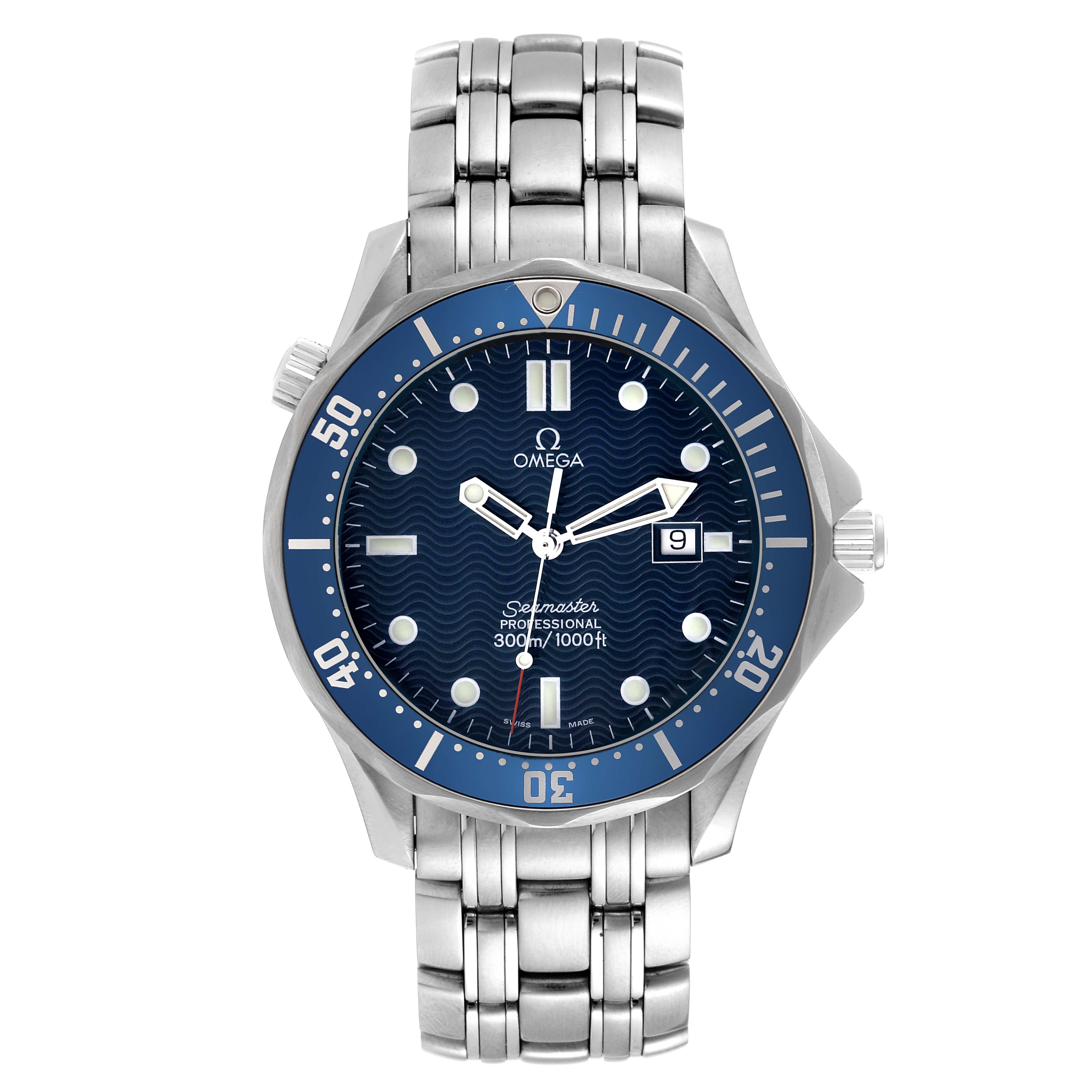 The image shows a front view of an Omega Seamaster 2541.80.00 Men's Stainless Steel Blue Dial 2541.80.00 Men's Stainless Steel Blue Dial watch featuring the face, bezel, crown, bracelet, and clasp.