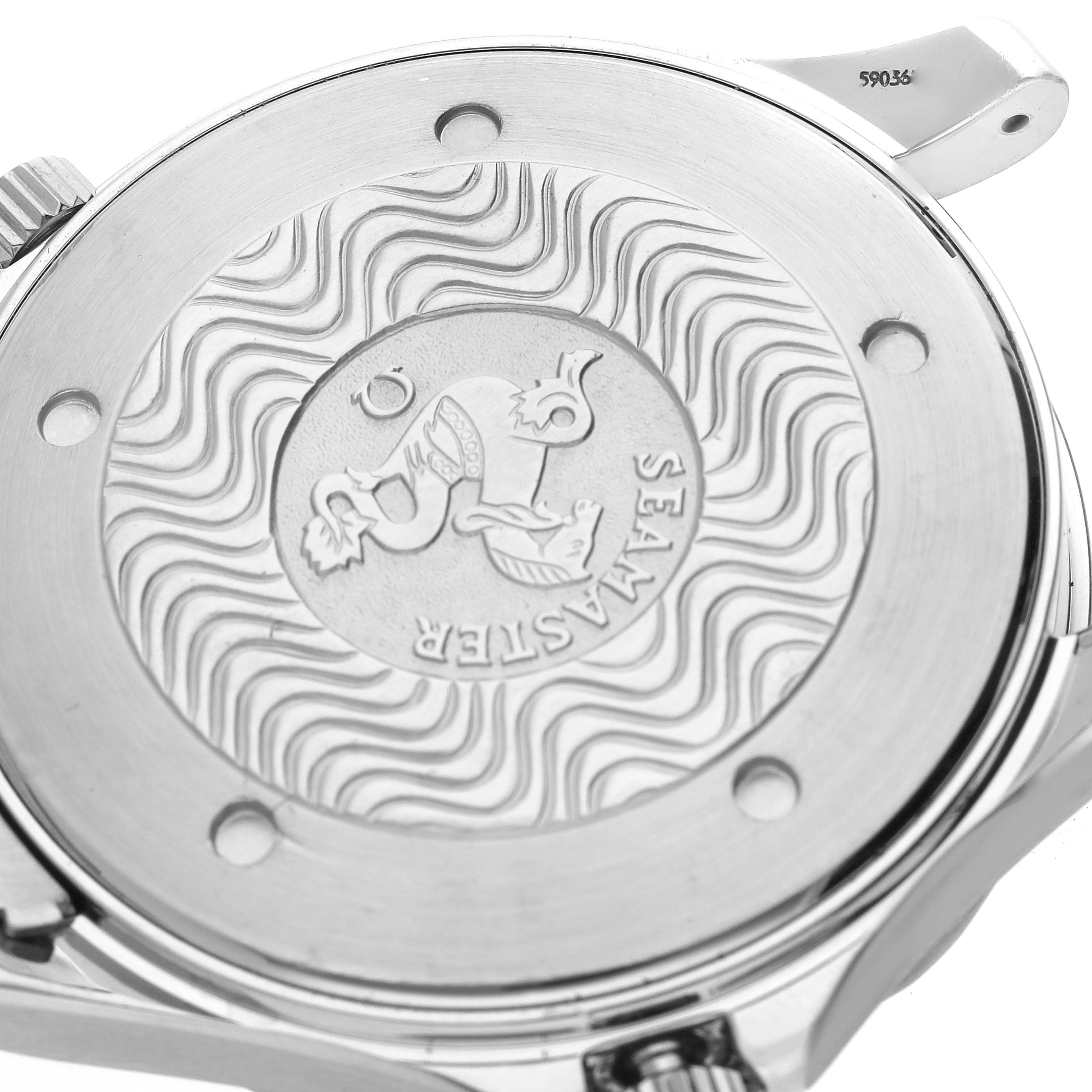 This image shows the caseback of the Omega Seamaster 2541.80.00 Men's Stainless Steel Blue Dial 2541.80.00 Men's Stainless Steel Blue Dial watch, highlighting its engraved design and brand markings.