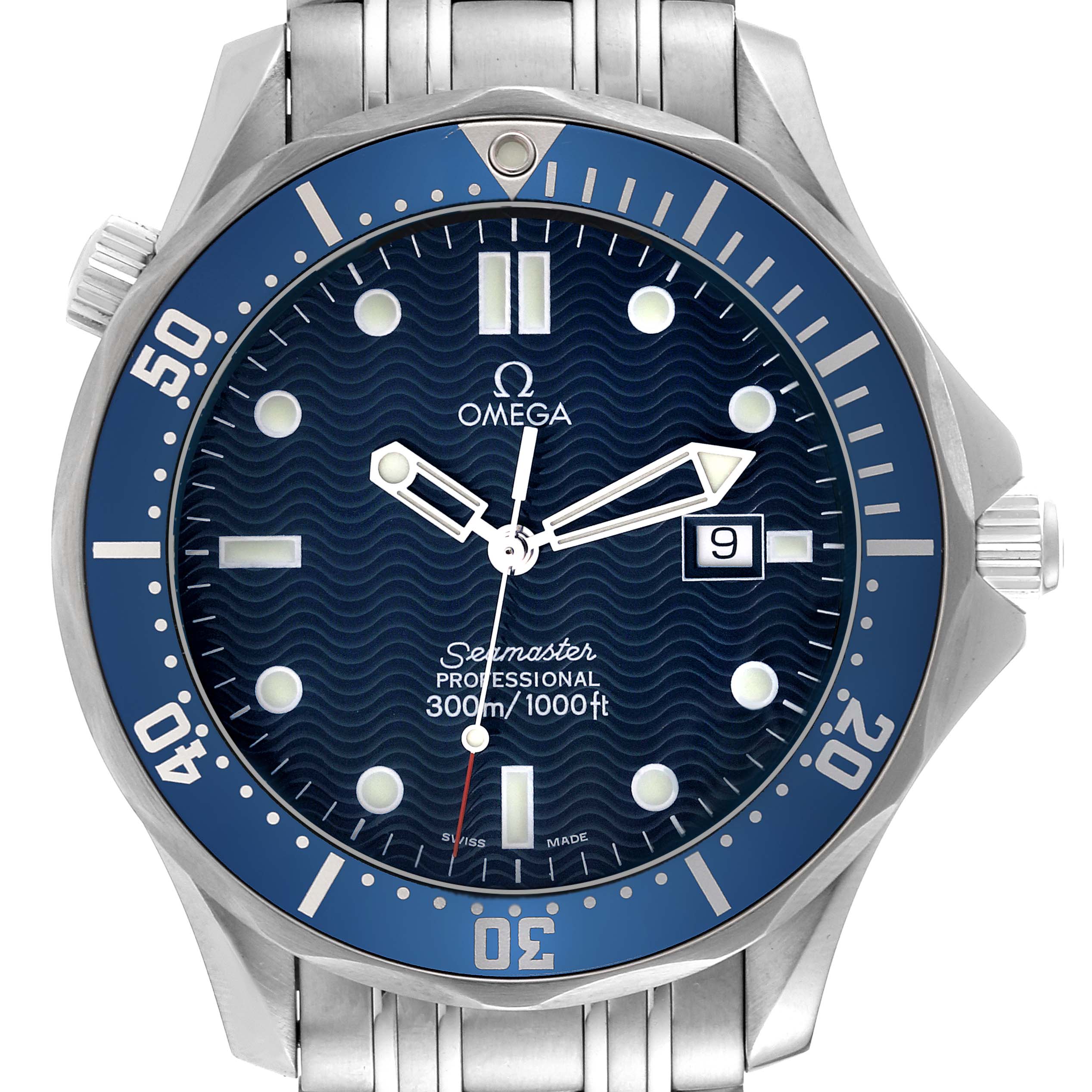 The image shows a frontal view of the Omega Seamaster 2541.80.00 Men's Stainless Steel Blue Dial 2541.80.00 Men's Stainless Steel Blue Dial watch, featuring its blue dial, bezel, and stainless steel bracelet.