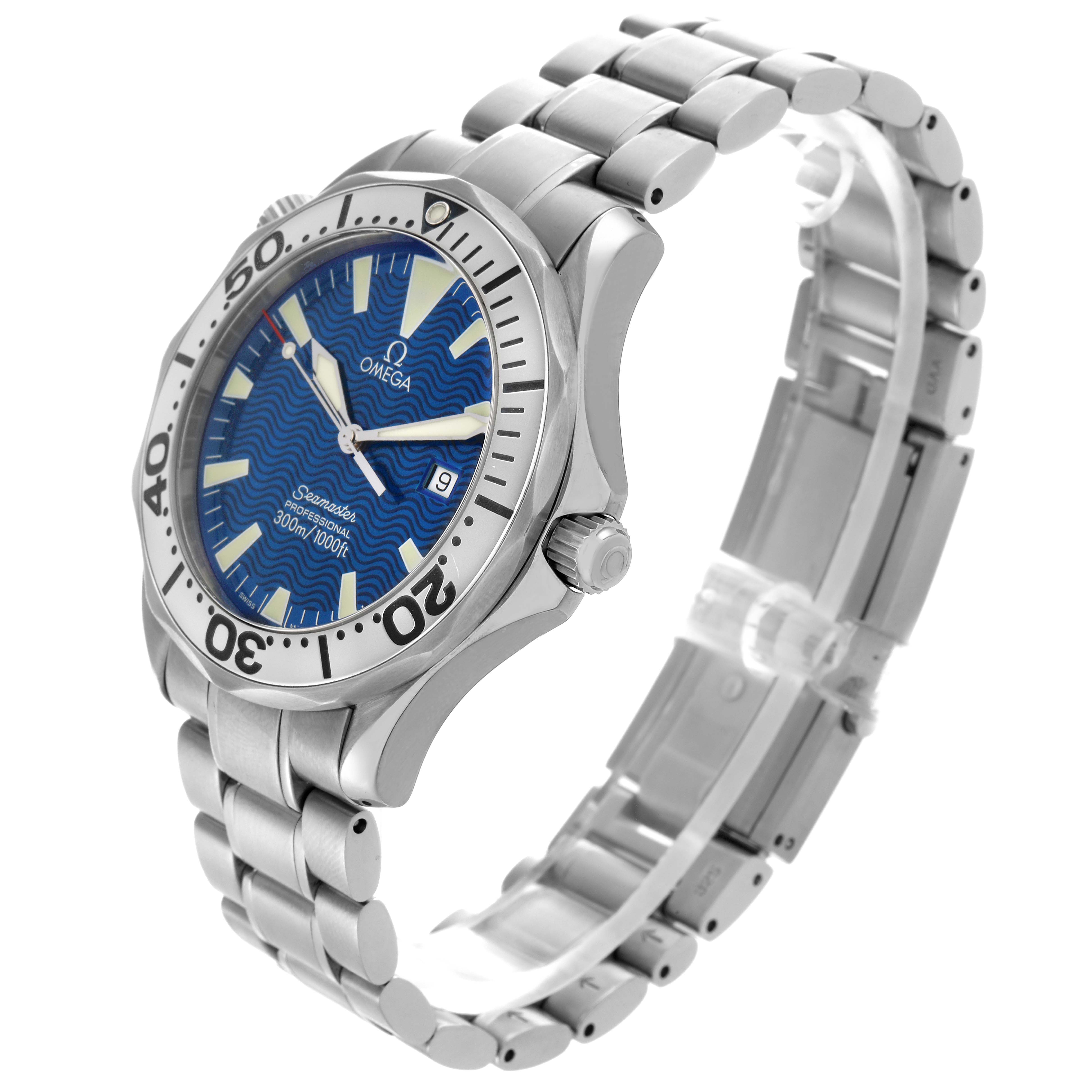 The Omega Seamaster 2265.80.00 Men
s Stainless Steel Blue Dial 2265.80.00 Men
s Stainless Steel Blue Dial watch is shown at a three-quarter angle, highlighting the face, bezel, crown, and bracelet.