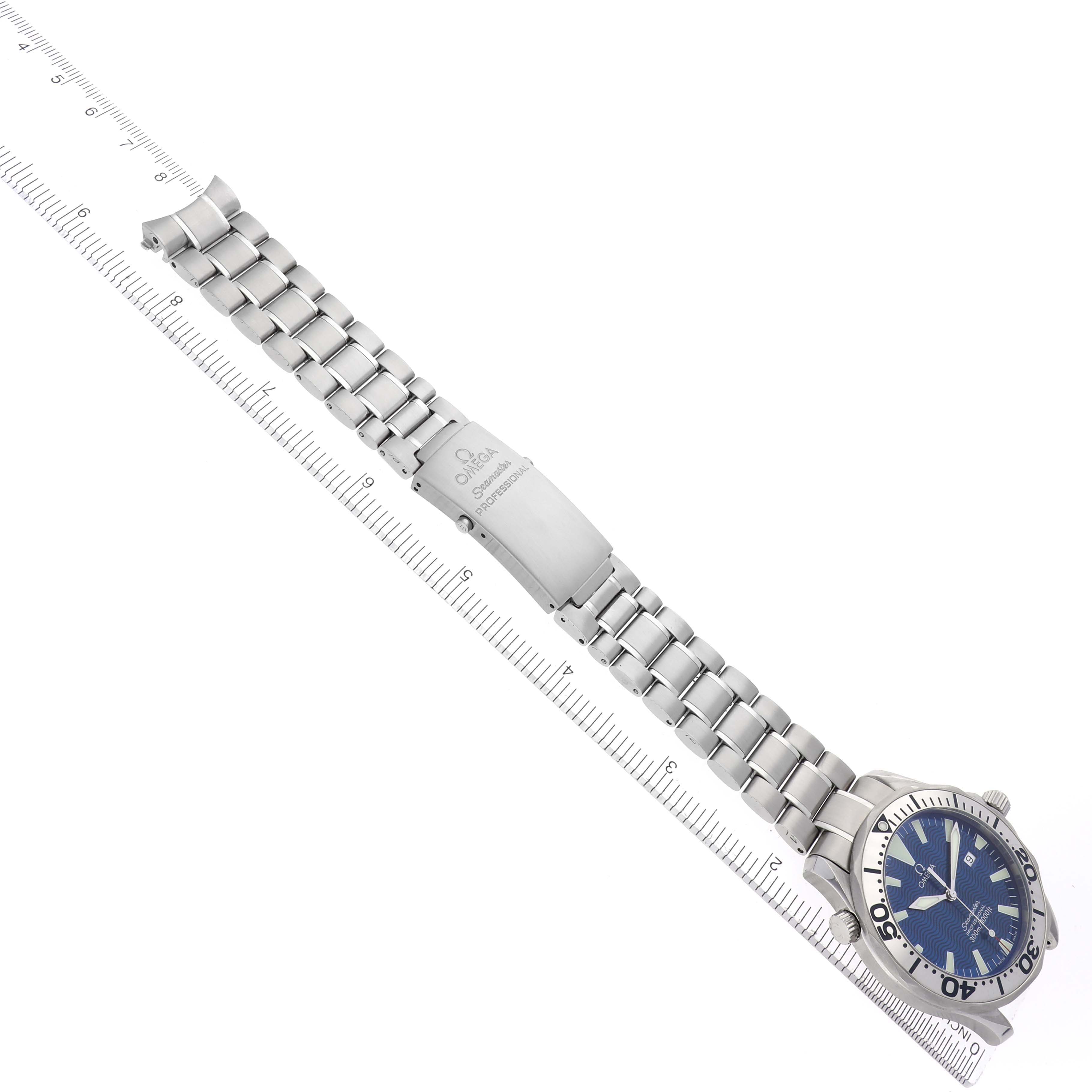 The Omega Seamaster 2265.80.00 Men
s Stainless Steel Blue Dial 2265.80.00 Men
s Stainless Steel Blue Dial watch is shown from an angled top view, highlighting the face, bezel, and bracelet with clasp.