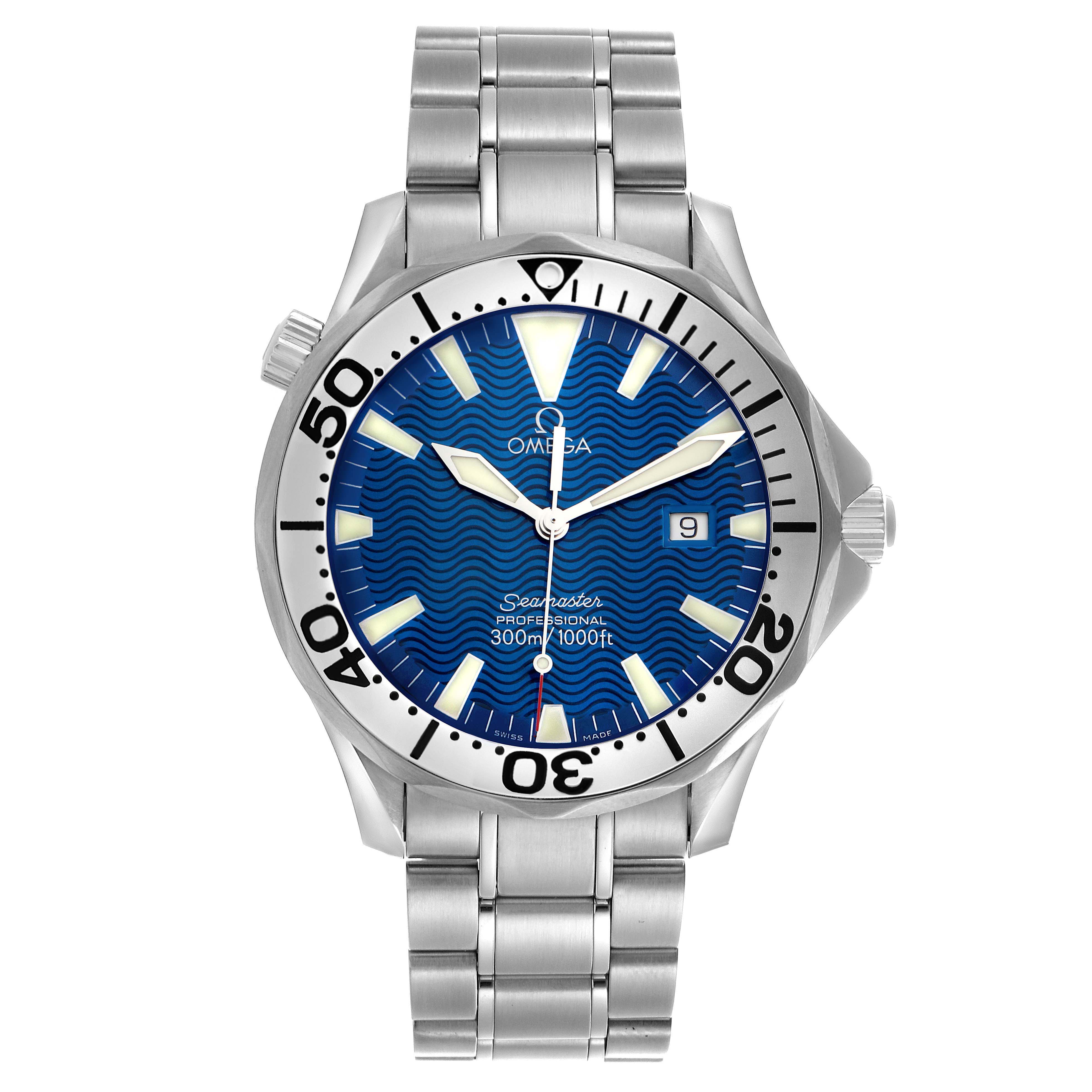 The Omega Seamaster 2265.80.00 Men
s Stainless Steel Blue Dial 2265.80.00 Men
s Stainless Steel Blue Dial watch is shown from a top-down angle, highlighting its blue dial, bezel, and stainless steel bracelet.