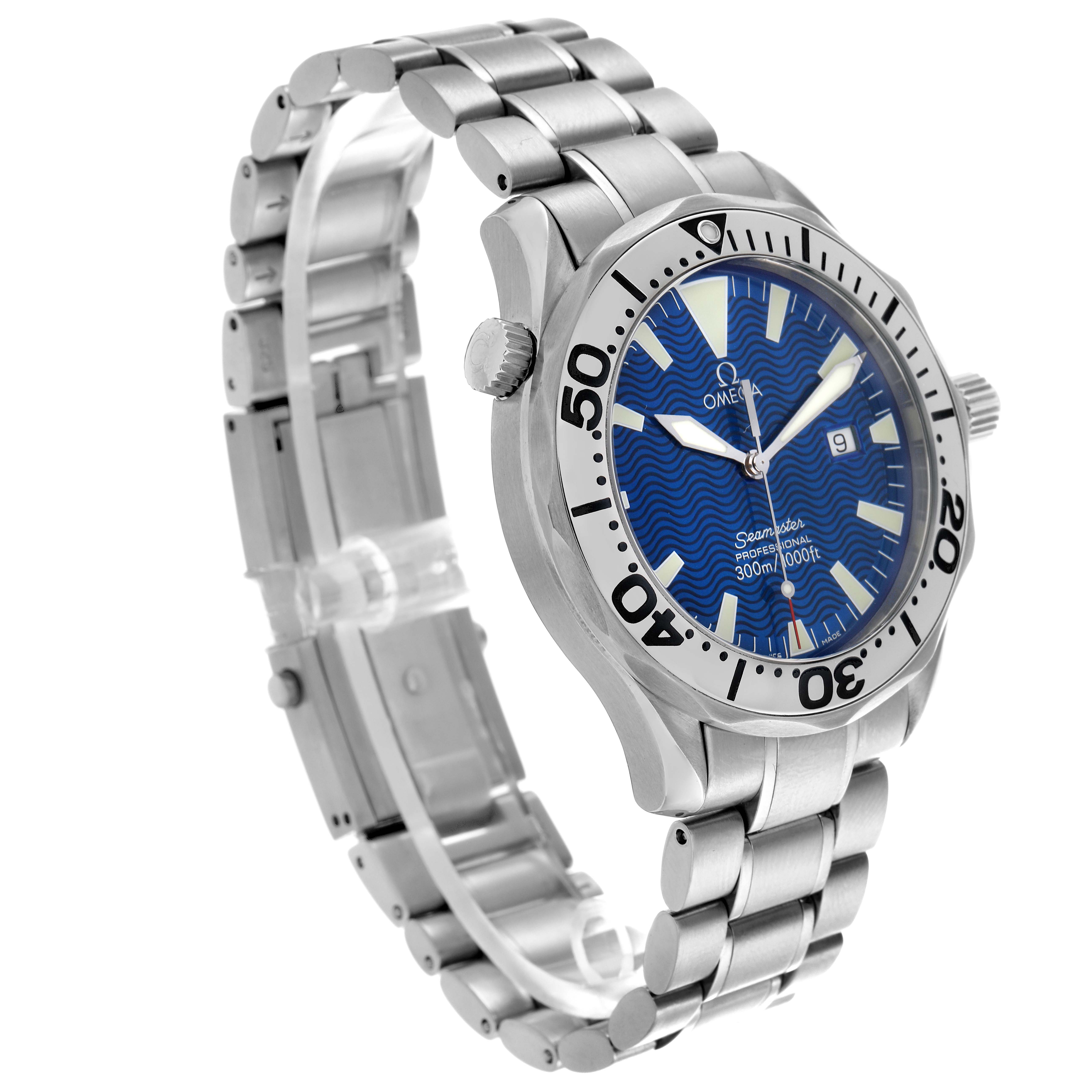The Omega Seamaster 2265.80.00 Men
s Stainless Steel Blue Dial 2265.80.00 Men
s Stainless Steel Blue Dial watch is shown at a three-quarter angle, highlighting the face, bezel, bracelet, and crown.