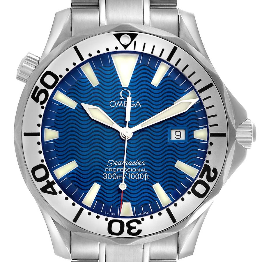 The Omega Seamaster watch is shown from a front angle, highlighting the blue dial, bezel, and stainless steel bracelet.