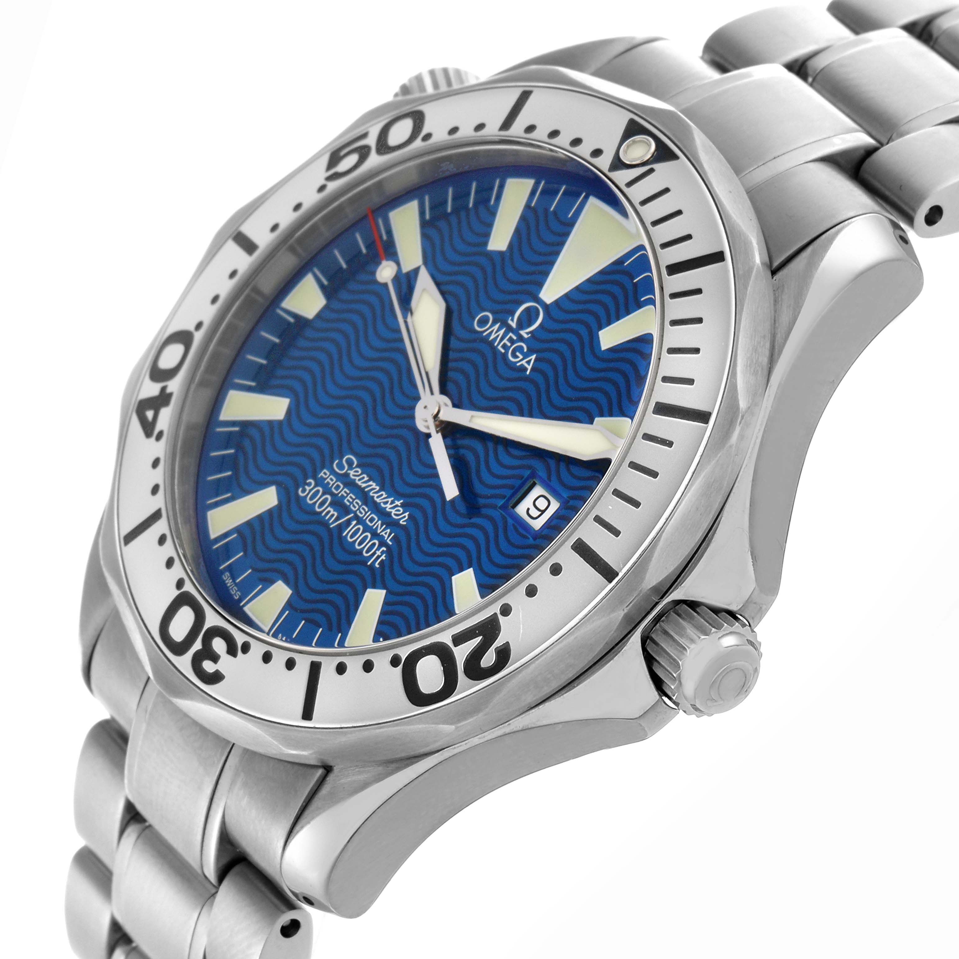 The Omega Seamaster 2265.80.00 Men
s Stainless Steel Blue Dial 2265.80.00 Men
s Stainless Steel Blue Dial watch is shown at an angled view, displaying the bezel, dial, crown, and part of the bracelet.