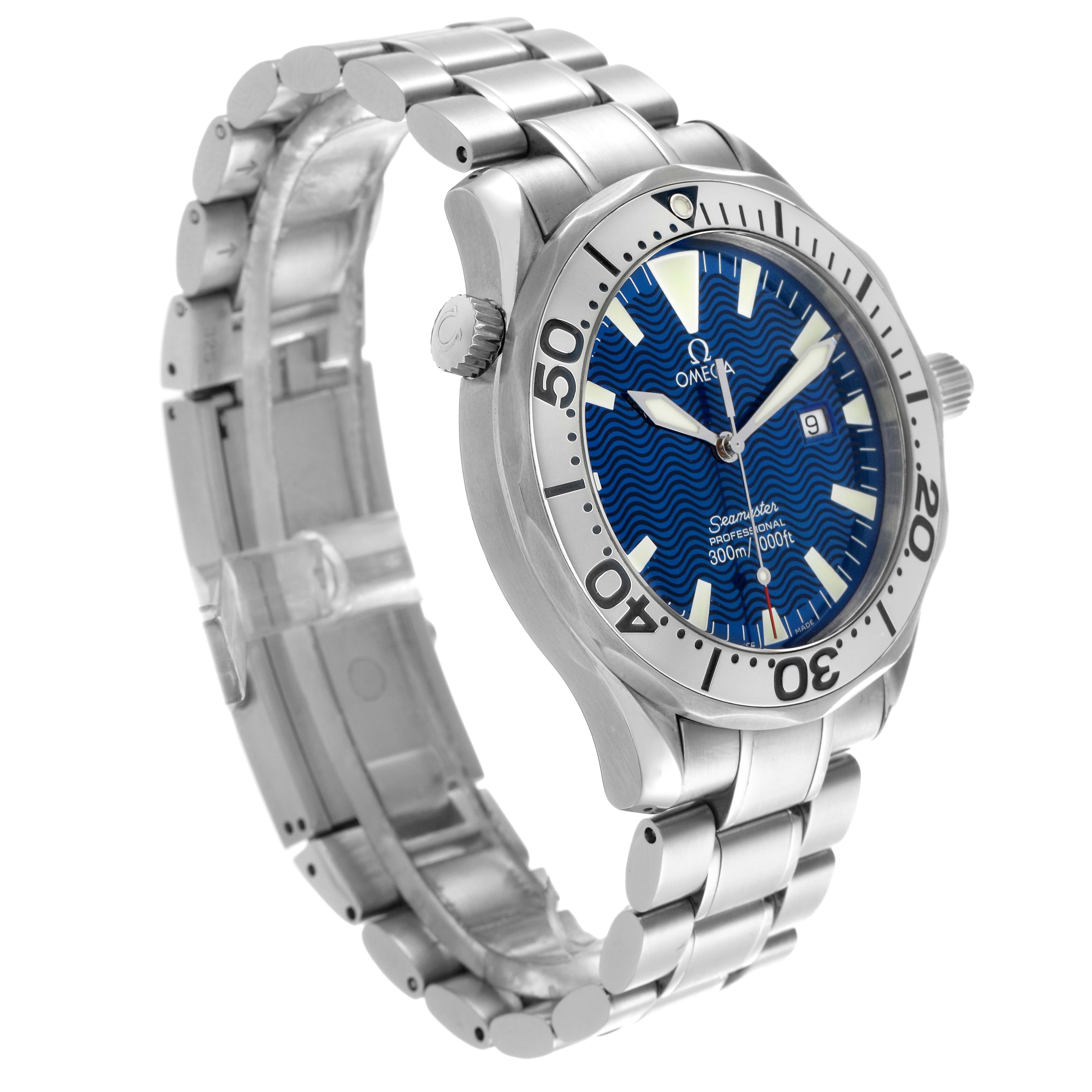 The Omega Seamaster 2265.80.00 Men
s Stainless Steel Blue Dial 2265.80.00 Men
s Stainless Steel Blue Dial watch is shown at a three-quarter angle, highlighting the blue dial, bezel, bracelet, and clasp.