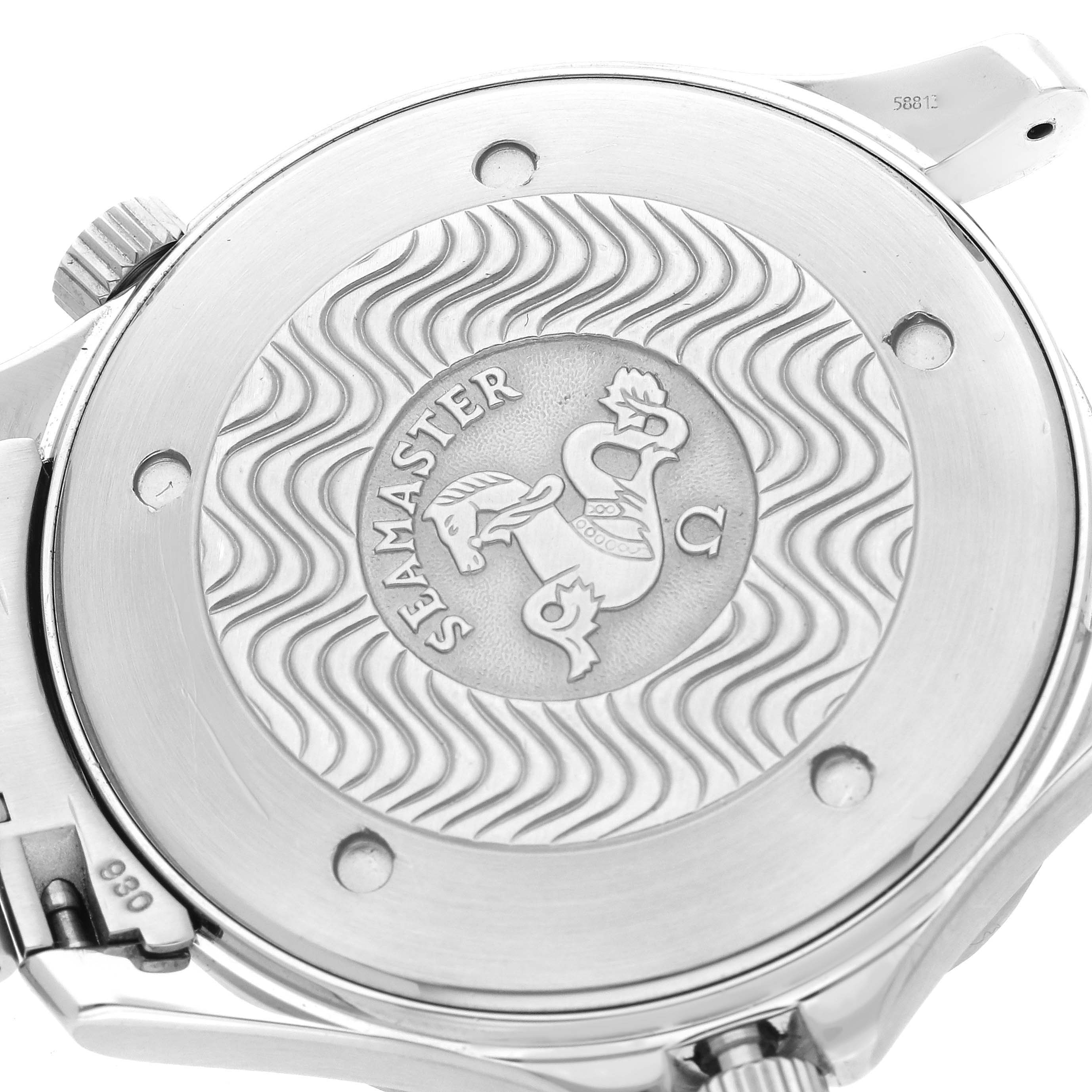 The image shows the case back of an Omega Seamaster 2265.80.00 Men
s Stainless Steel Blue Dial 2265.80.00 Men
s Stainless Steel Blue Dial watch, featuring its engraved design and branding.