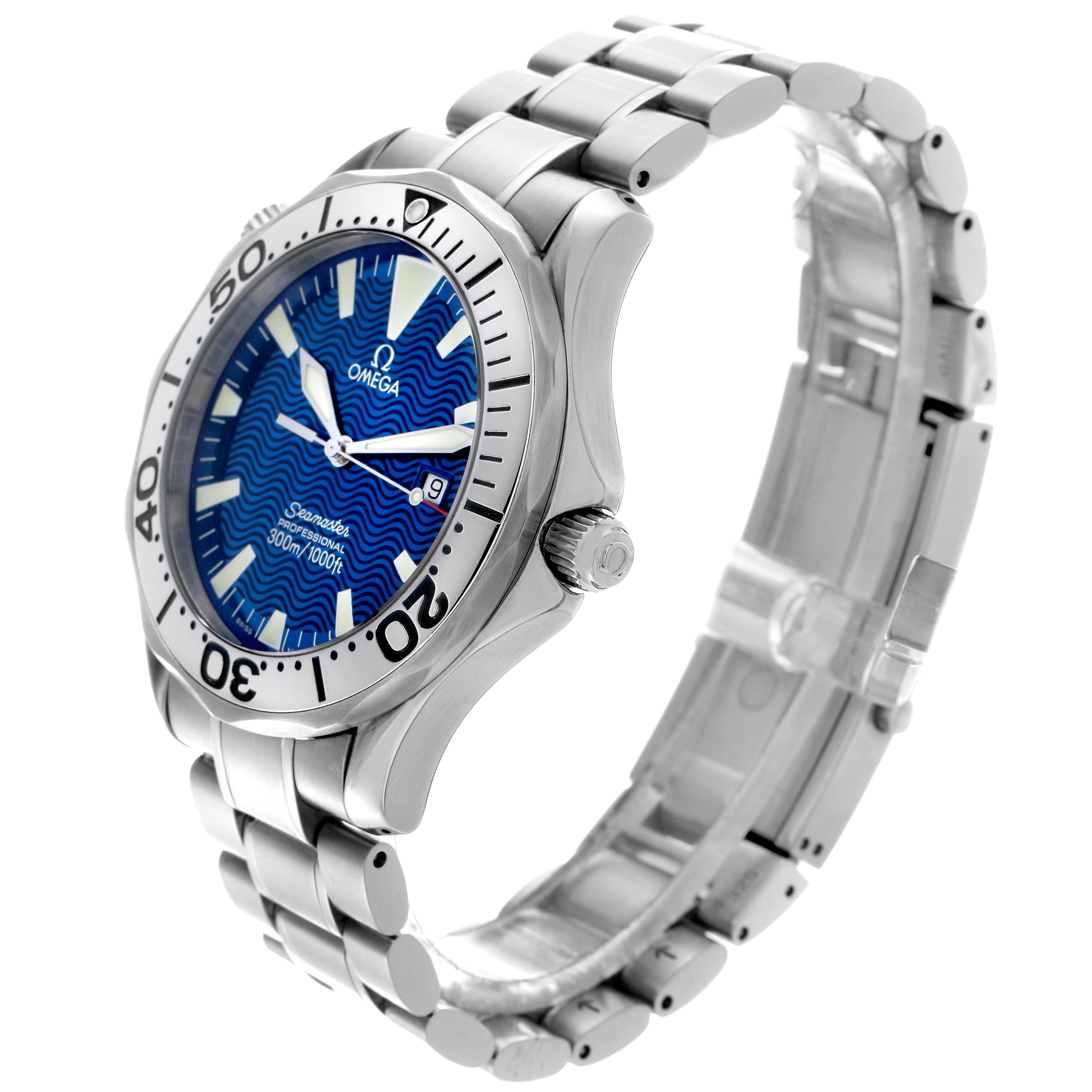 The Omega Seamaster 2265.80.00 Men
s Stainless Steel Blue Dial 2265.80.00 Men
s Stainless Steel Blue Dial is shown at an angle highlighting its bezel, blue dial, crown, and metal bracelet.