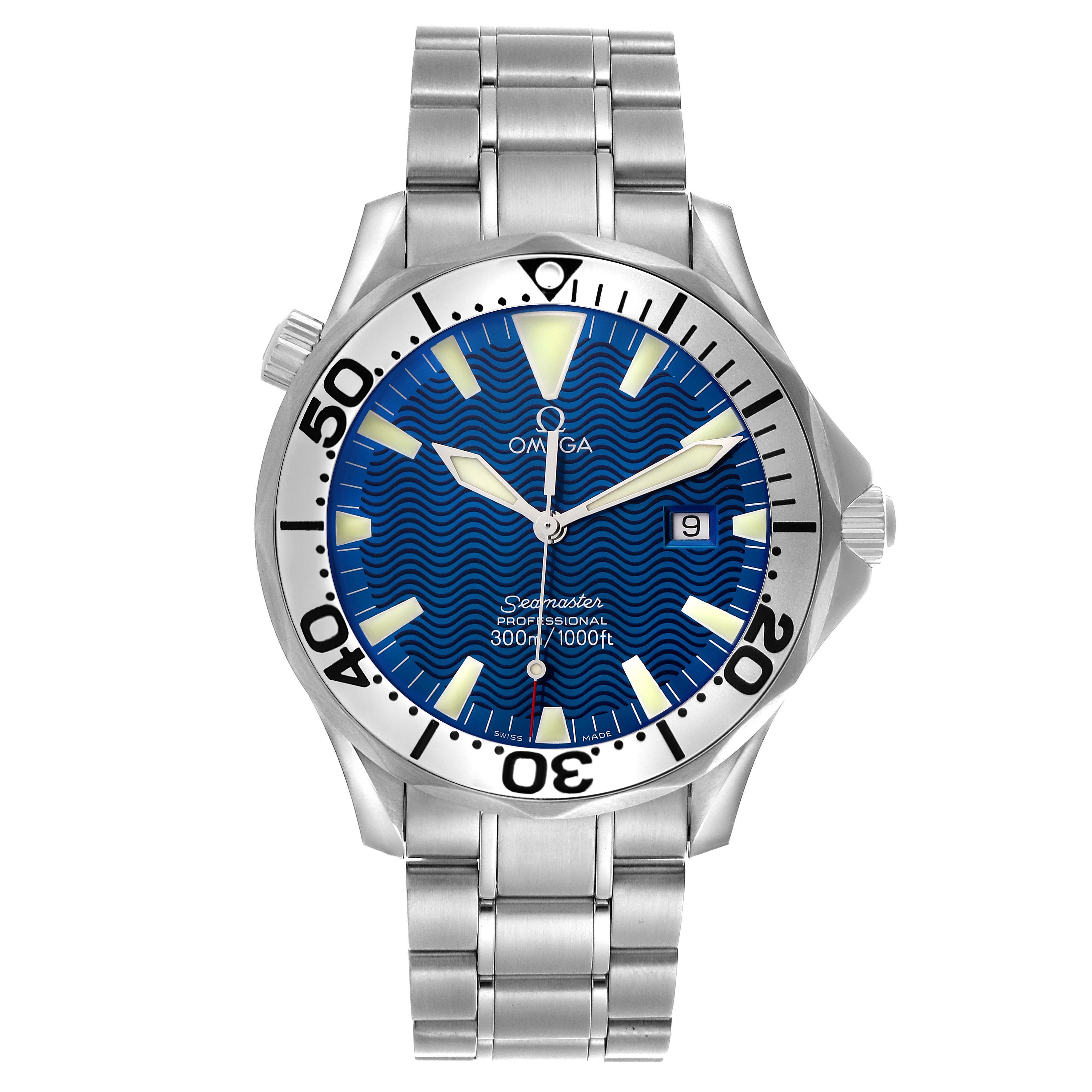 The Omega Seamaster 2265.80.00 Men
s Stainless Steel Blue Dial 2265.80.00 Men
s Stainless Steel Blue Dial watch is shown from the front, displaying the face, bezel, crown, and bracelet.