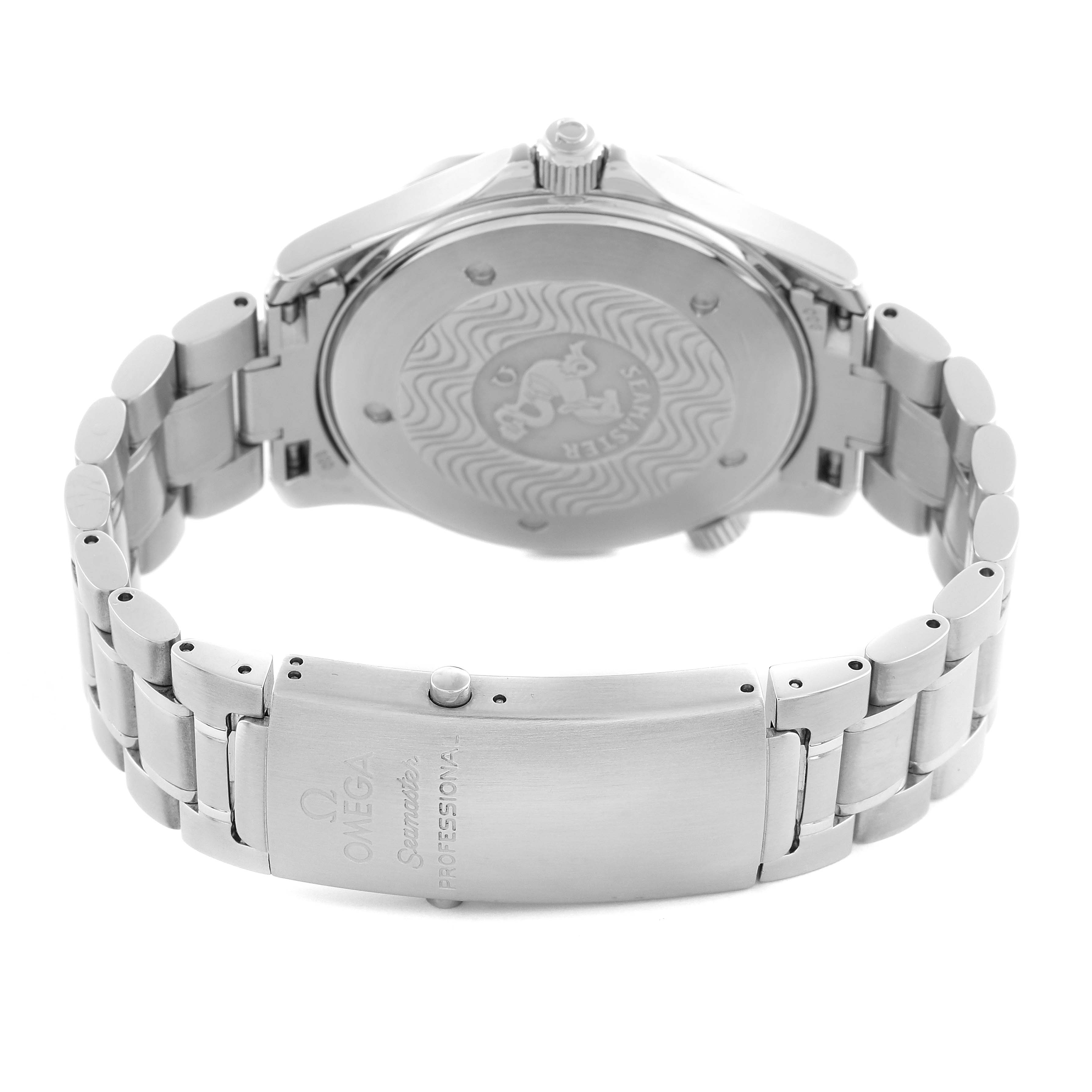 The image shows the back and clasp of an Omega Seamaster 2265.80.00 Men
s Stainless Steel Blue Dial 2265.80.00 Men
s Stainless Steel Blue Dial, highlighting the bracelet and case back.