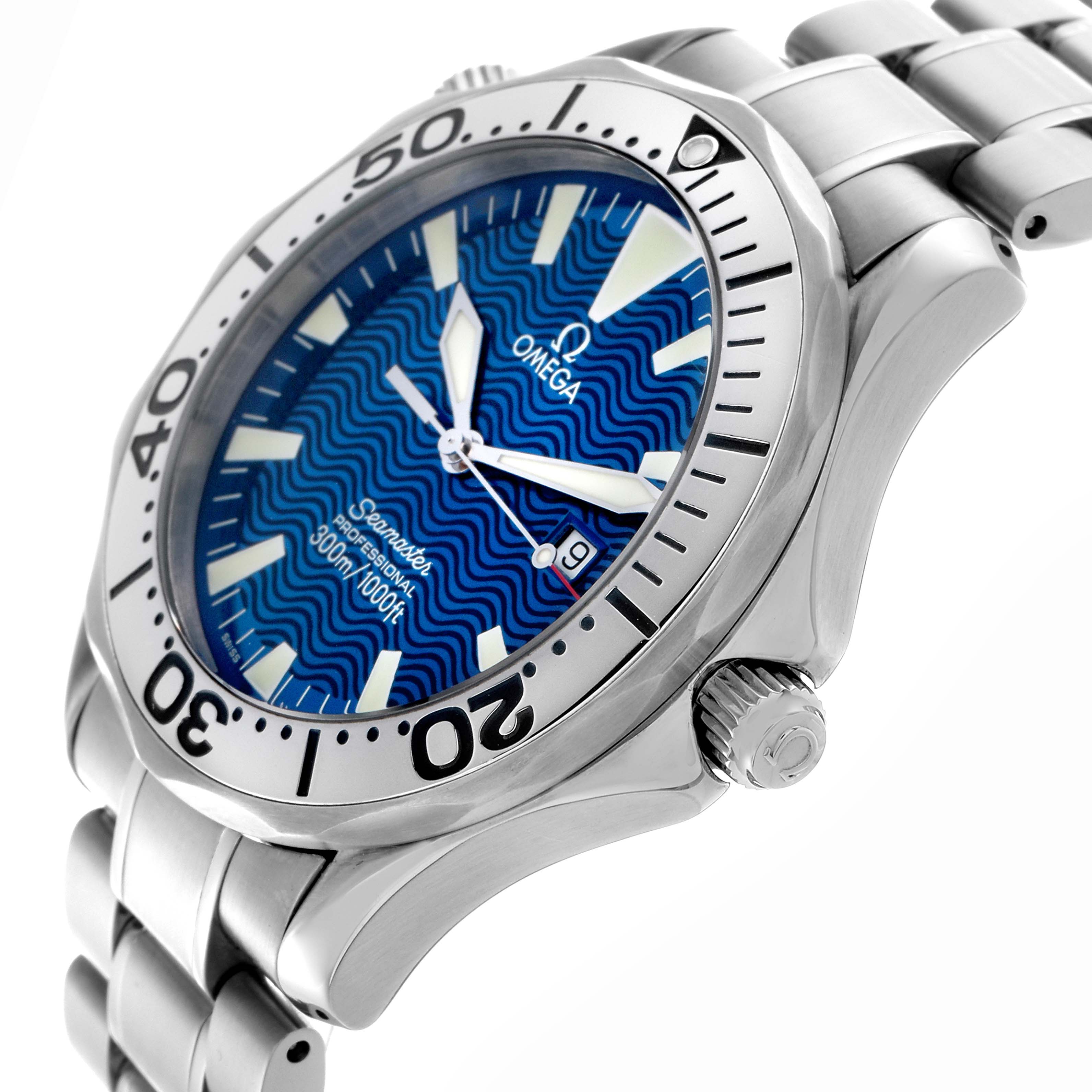 The Omega Seamaster 2265.80.00 Men
s Stainless Steel Blue Dial 2265.80.00 Men
s Stainless Steel Blue Dial watch is shown at an angled close-up, highlighting the dial, bezel, and bracelet.