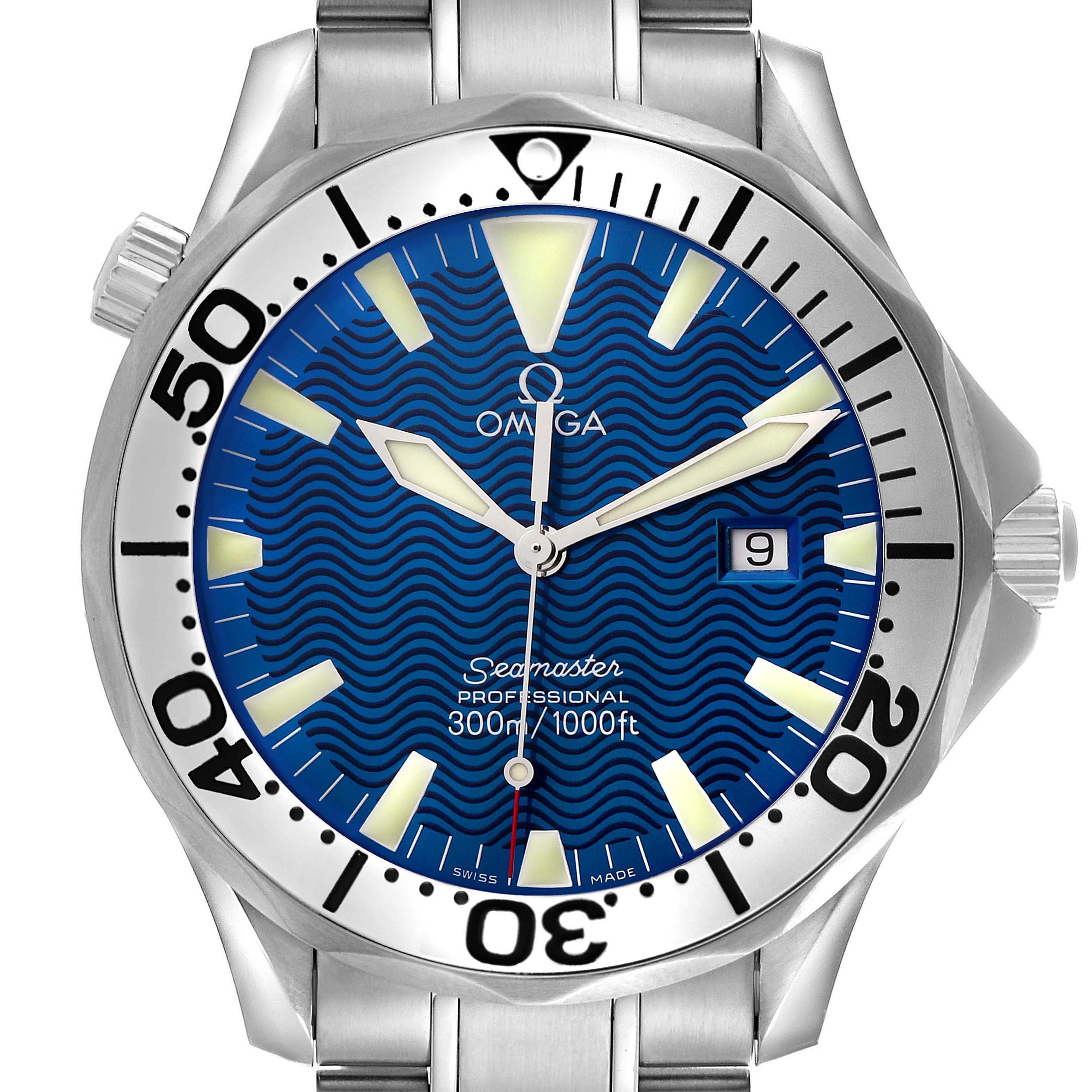 The Omega Seamaster 2265.80.00 Men
s Stainless Steel Blue Dial 2265.80.00 Men
s Stainless Steel Blue Dial watch is shown from a front angle, highlighting the bezel, dial, hands, and bracelet.