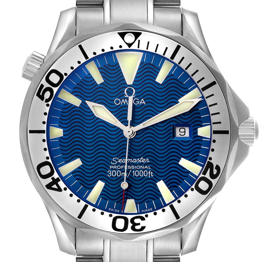 The Omega Seamaster watch is shown from a front angle, highlighting the bezel, dial, hands, and bracelet.