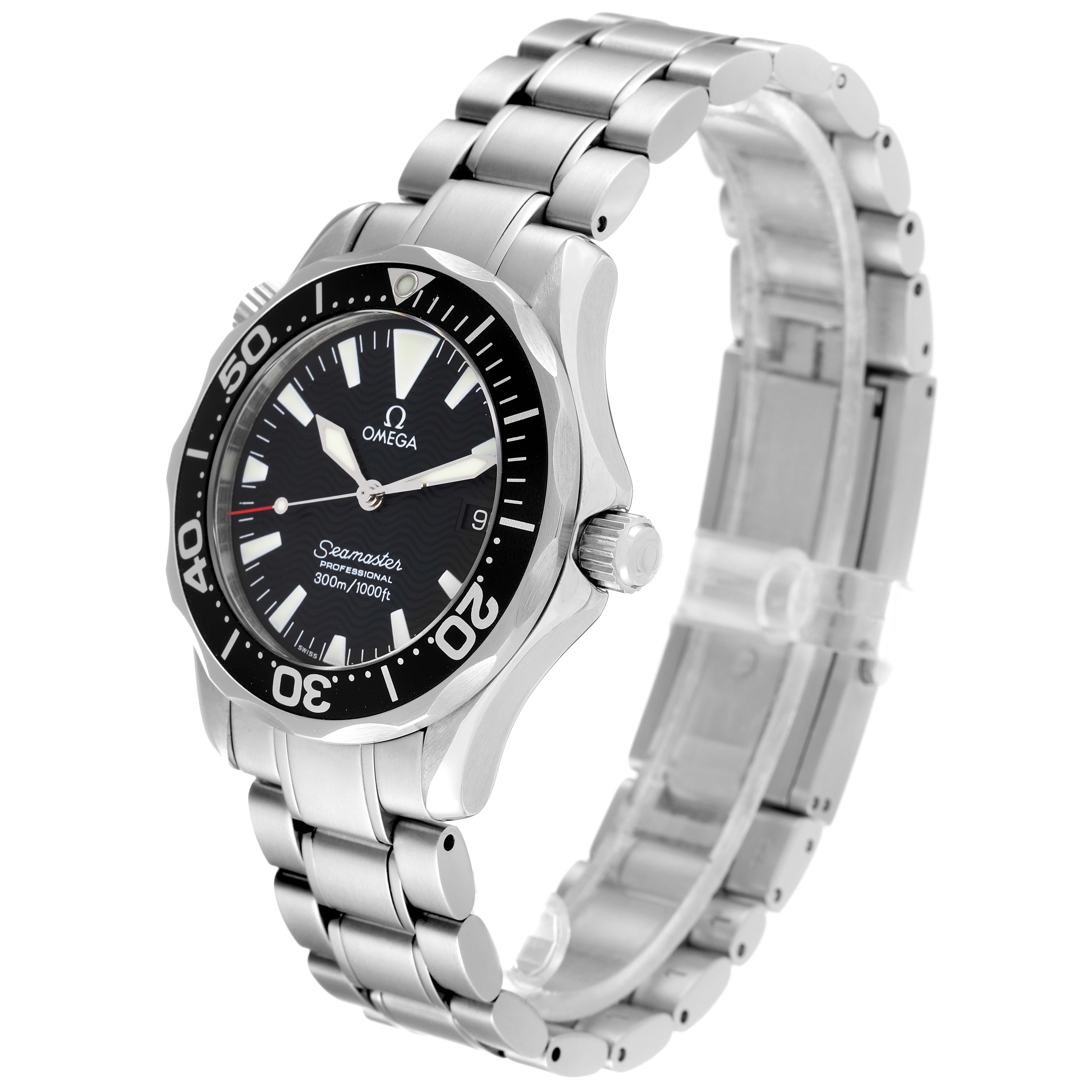 The image shows an Omega Seamaster 2262.50.00 Men's Stainless Steel Black Dial 2262.50.00 Men's Stainless Steel Black Dial watch at an angled perspective, highlighting the face, bezel, crown, and metal bracelet.