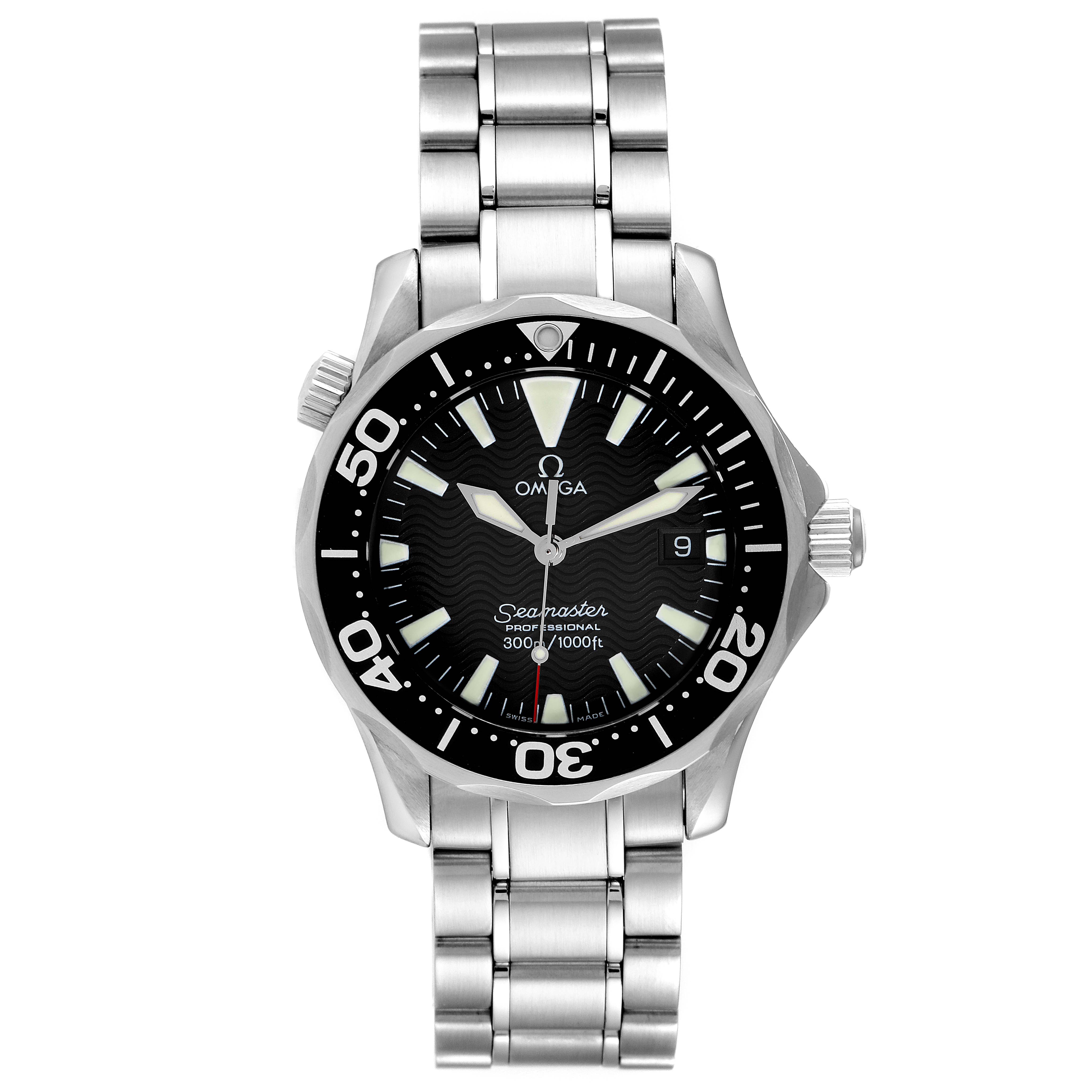 This image shows a front view of the Omega Seamaster 2262.50.00 Men's Stainless Steel Black Dial 2262.50.00 Men's Stainless Steel Black Dial watch, featuring its dial, bezel, and stainless-steel bracelet.