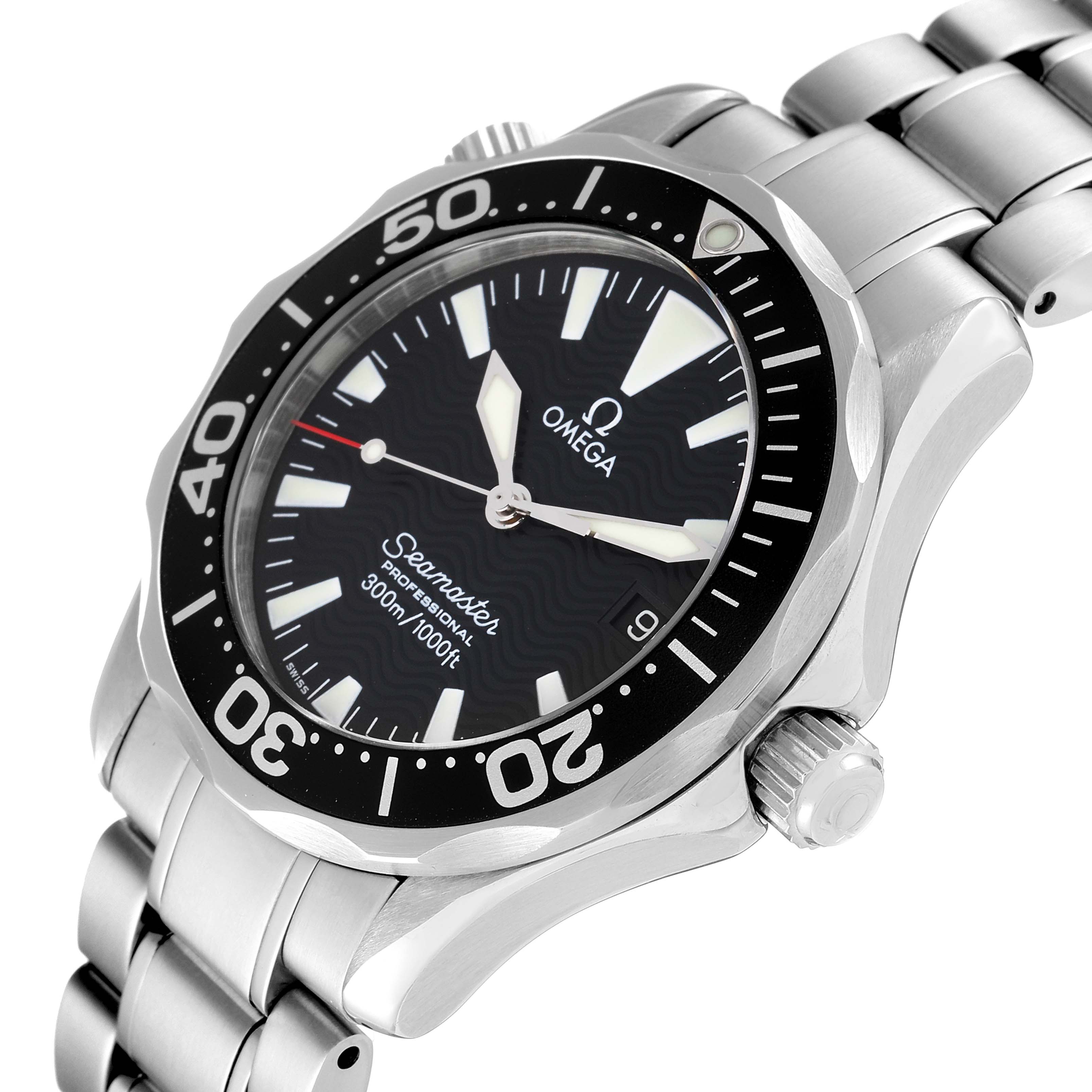 The image shows a tilted view of an Omega Seamaster 2262.50.00 Men's Stainless Steel Black Dial 2262.50.00 Men's Stainless Steel Black Dial watch, highlighting the dial, bezel, and part of the bracelet.