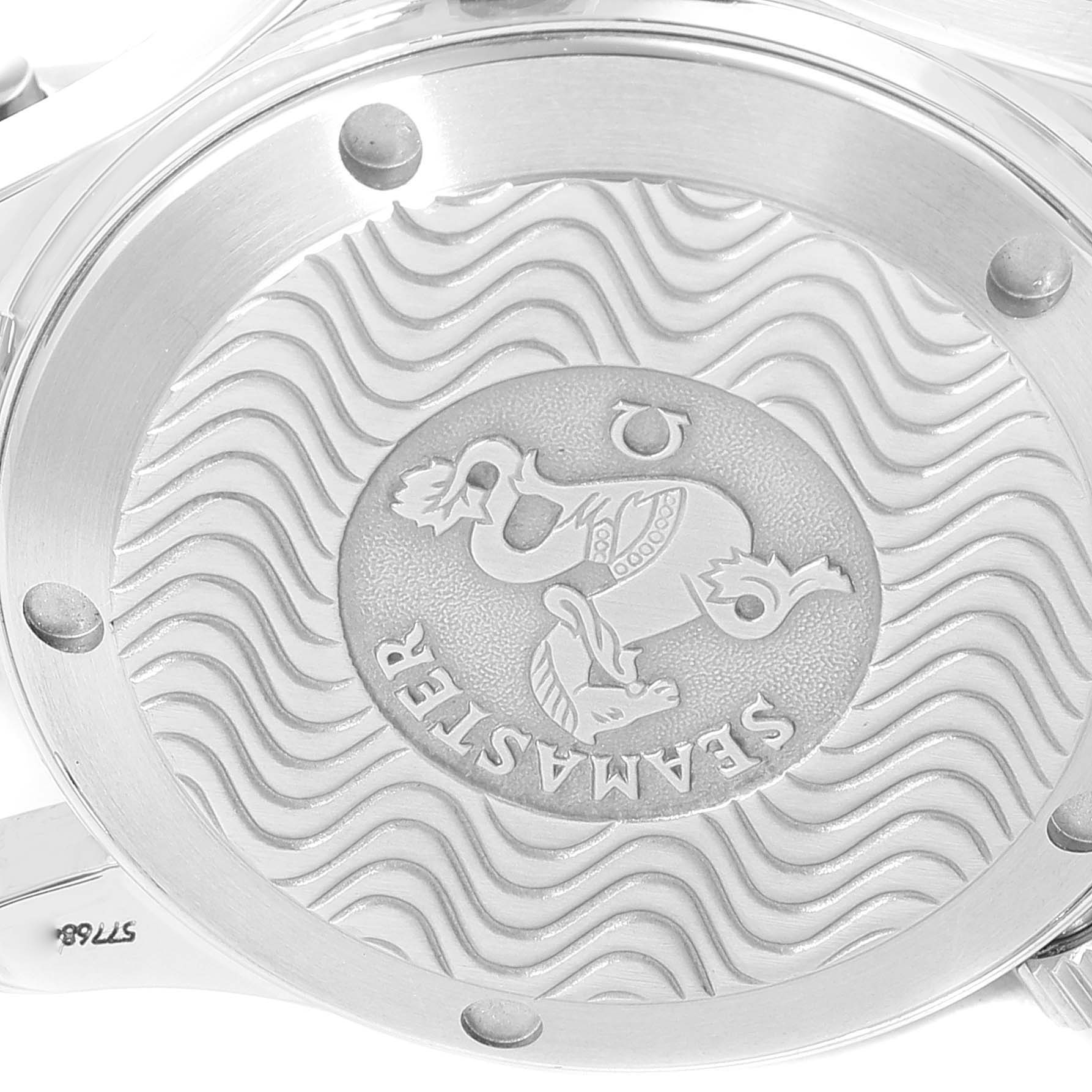 The image shows the engraved case back of the Omega Seamaster 2262.50.00 Men's Stainless Steel Black Dial 2262.50.00 Men's Stainless Steel Black Dial watch, viewed from the bottom angle.