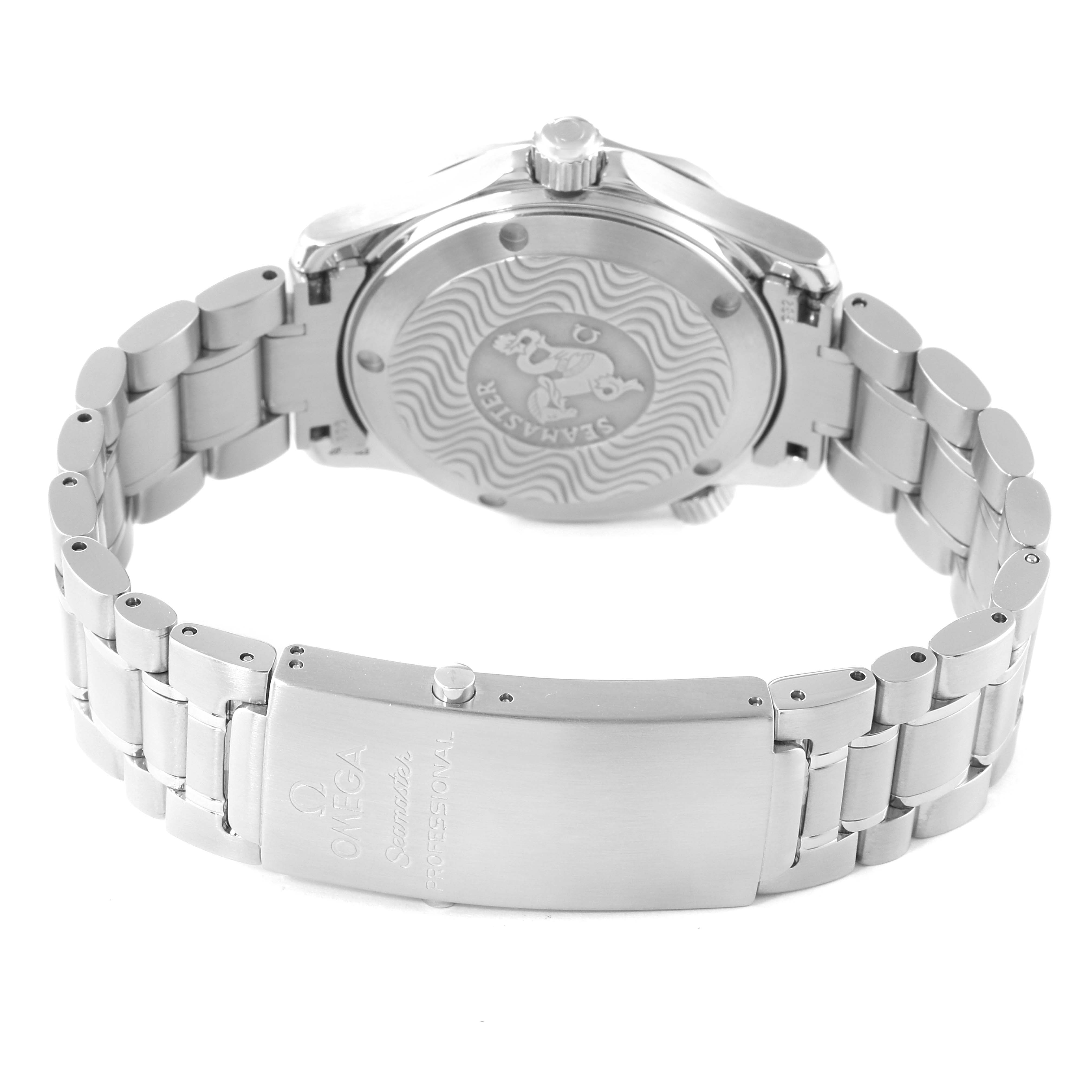 This image shows the back view of the Omega Seamaster 2262.50.00 Men's Stainless Steel Black Dial 2262.50.00 Men's Stainless Steel Black Dial watch, highlighting the case back and bracelet clasp.