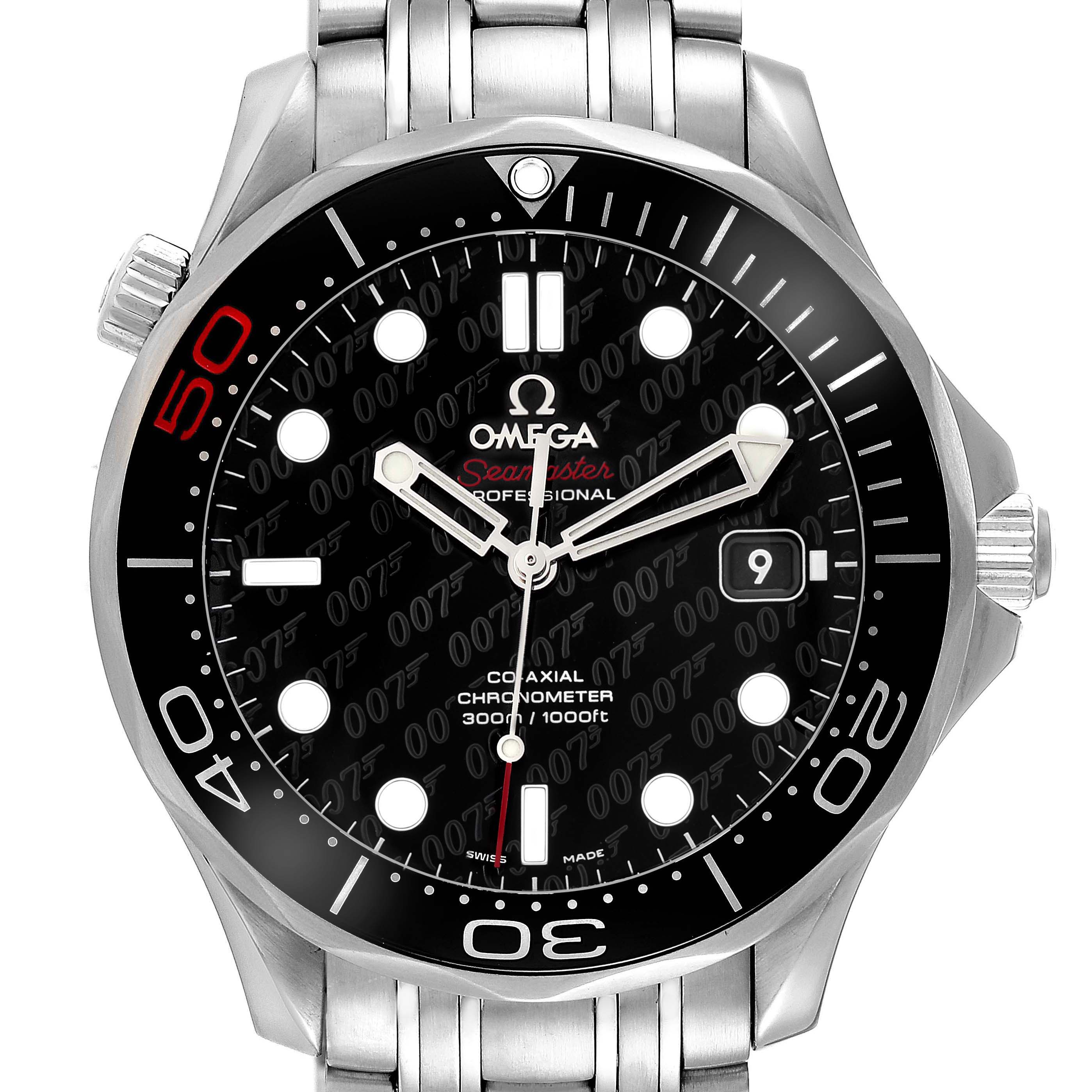 The Omega Seamaster 212.30.41.20.01.005 Men
s Stainless Steel Black Dial 212.30.41.20.01.005 Men
s Stainless Steel Black Dial watch is shown from a front angle, displaying the dial, bezel, and part of the bracelet.