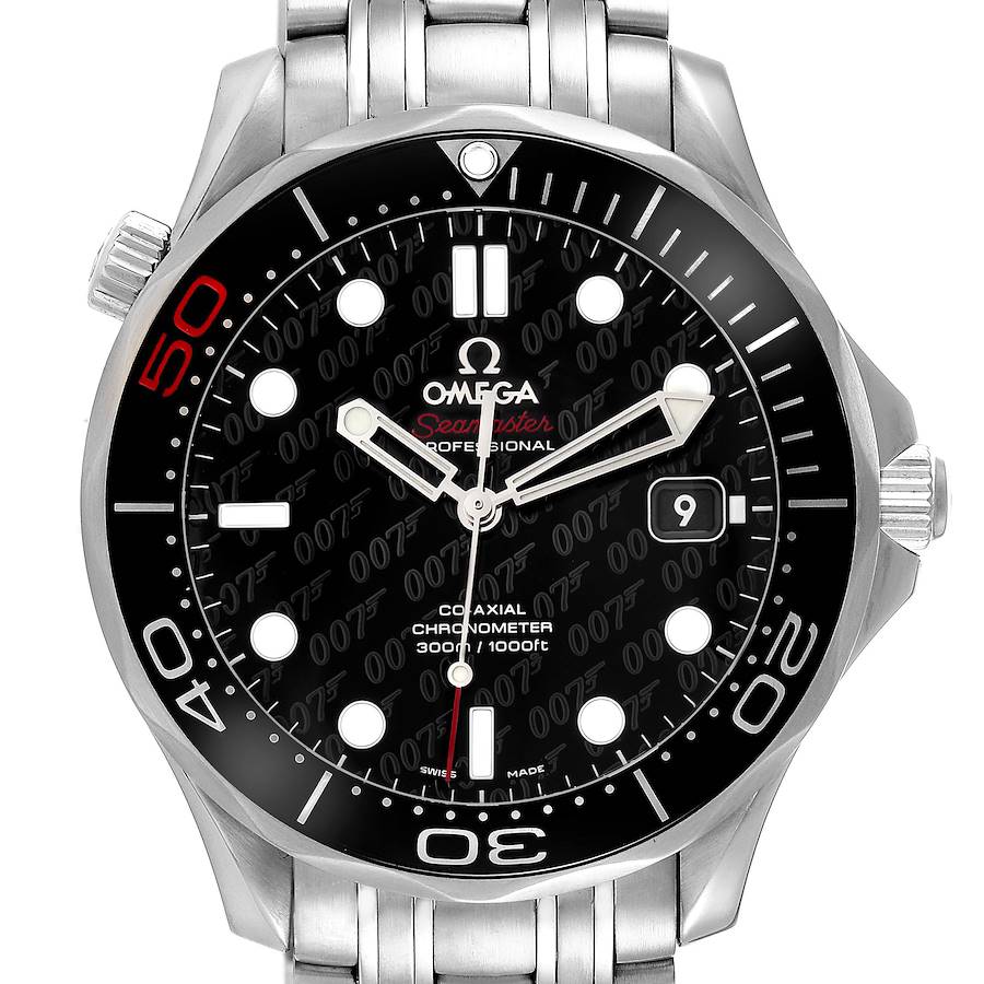 The Omega Seamaster watch is shown from a front angle, displaying the dial, bezel, and part of the bracelet.