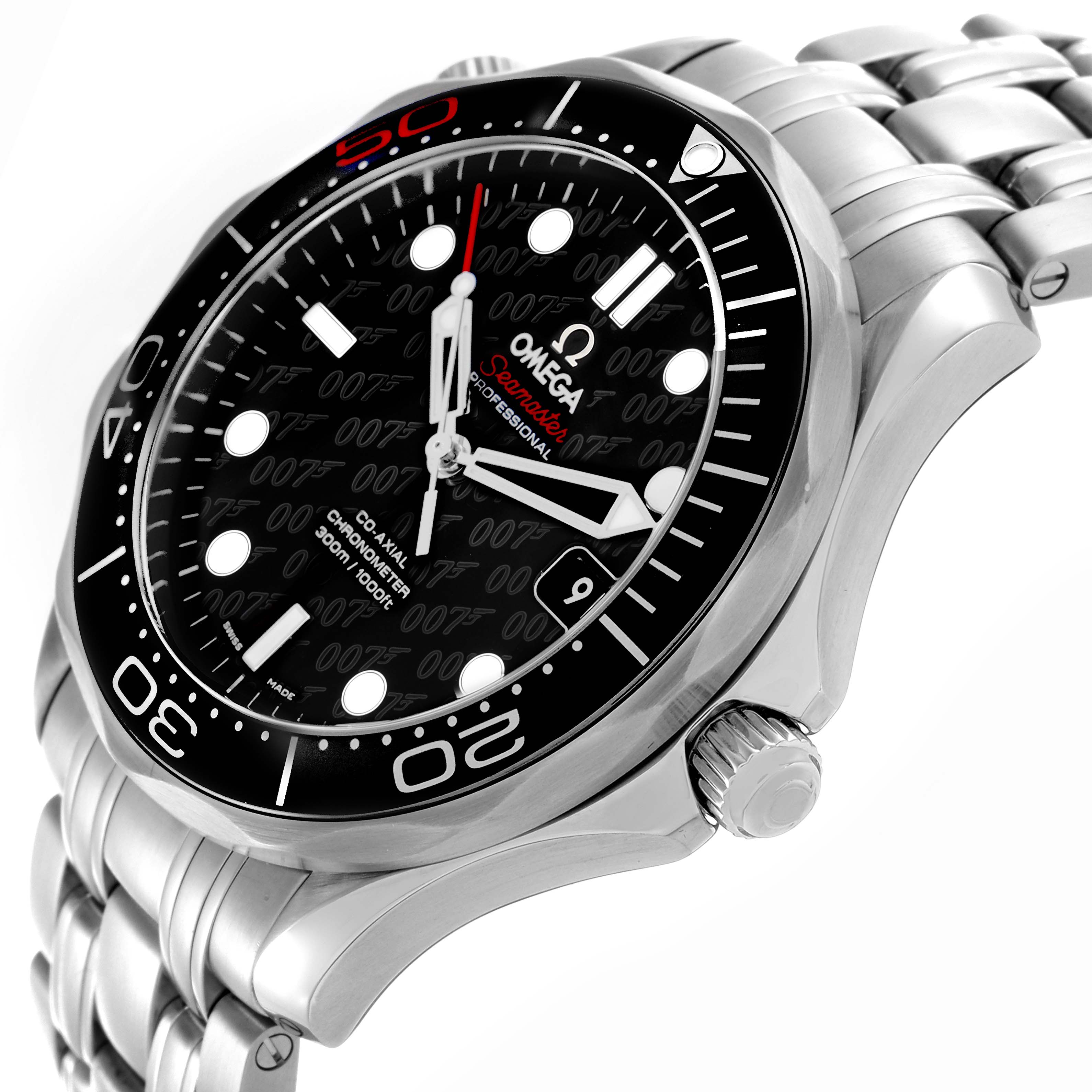 The Omega Seamaster 212.30.41.20.01.005 Men
s Stainless Steel Black Dial 212.30.41.20.01.005 Men
s Stainless Steel Black Dial watch is shown at an angle highlighting the dial, bezel, crown, and part of the bracelet.