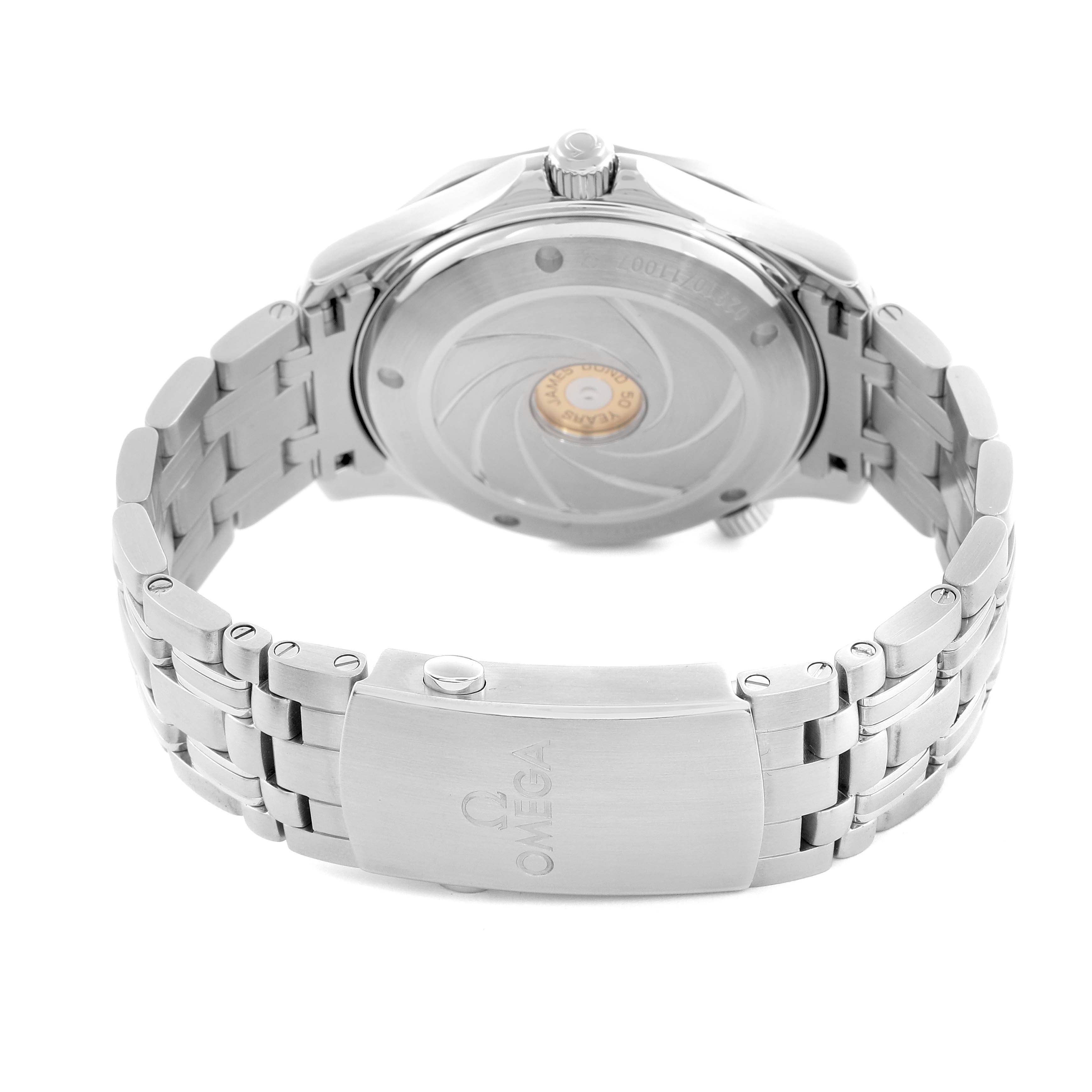 The Omega Seamaster 212.30.41.20.01.005 Men
s Stainless Steel Black Dial 212.30.41.20.01.005 Men
s Stainless Steel Black Dial watch is shown from the back, highlighting the case back and bracelet clasp.